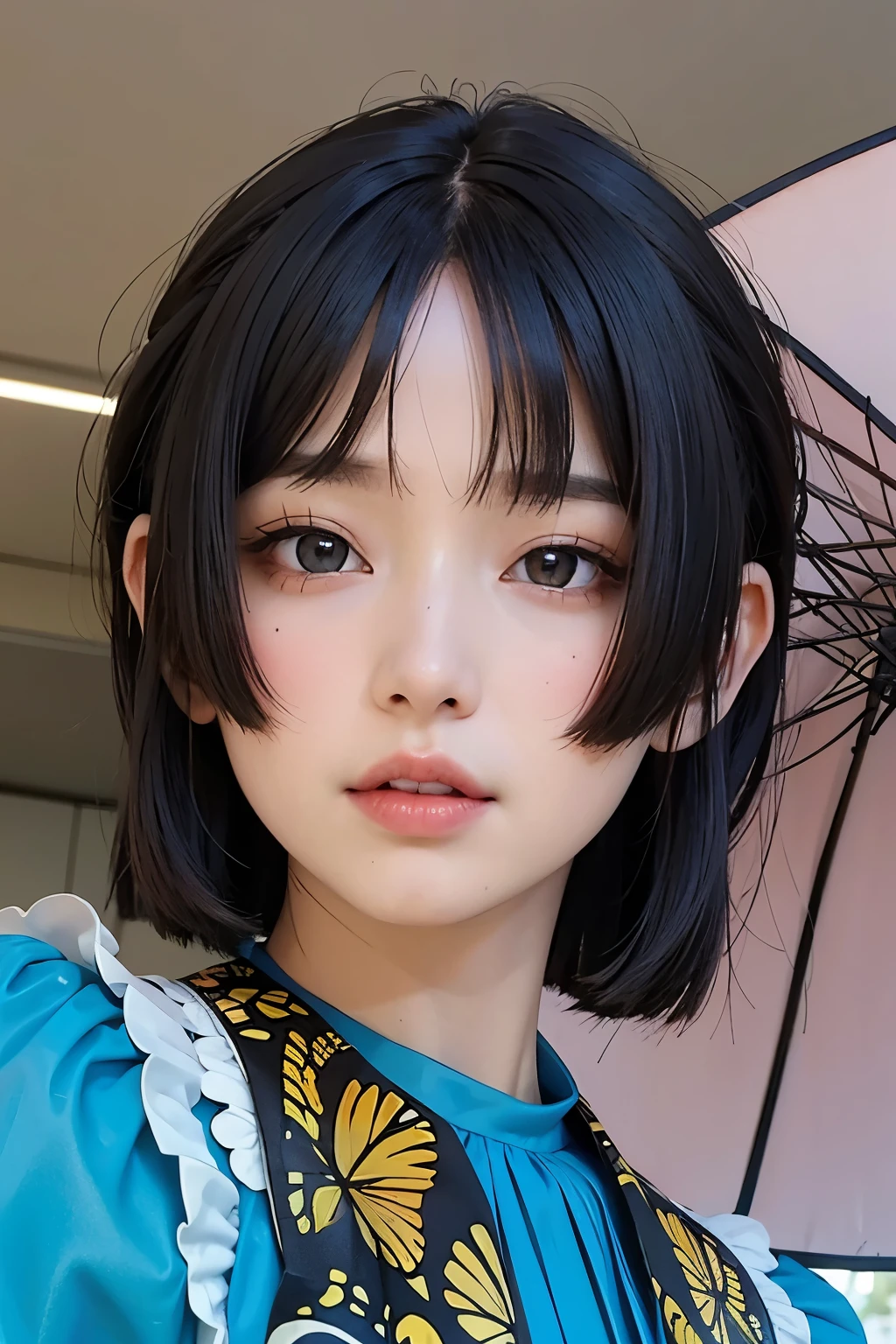 There is a girl in a butterfly print dress and a blue umbrella, Con pelo corto, peinado de corte hime blanco, pelo cortado hime negro, el corte de hime, flequillo esponjoso, Con pelo corto con flequillo, neat hair con flequillo, chiho, sui ishida con cabello negro, con flequillo, con flequillo completo, peinado de dos colas, she has black hair con flequillo
