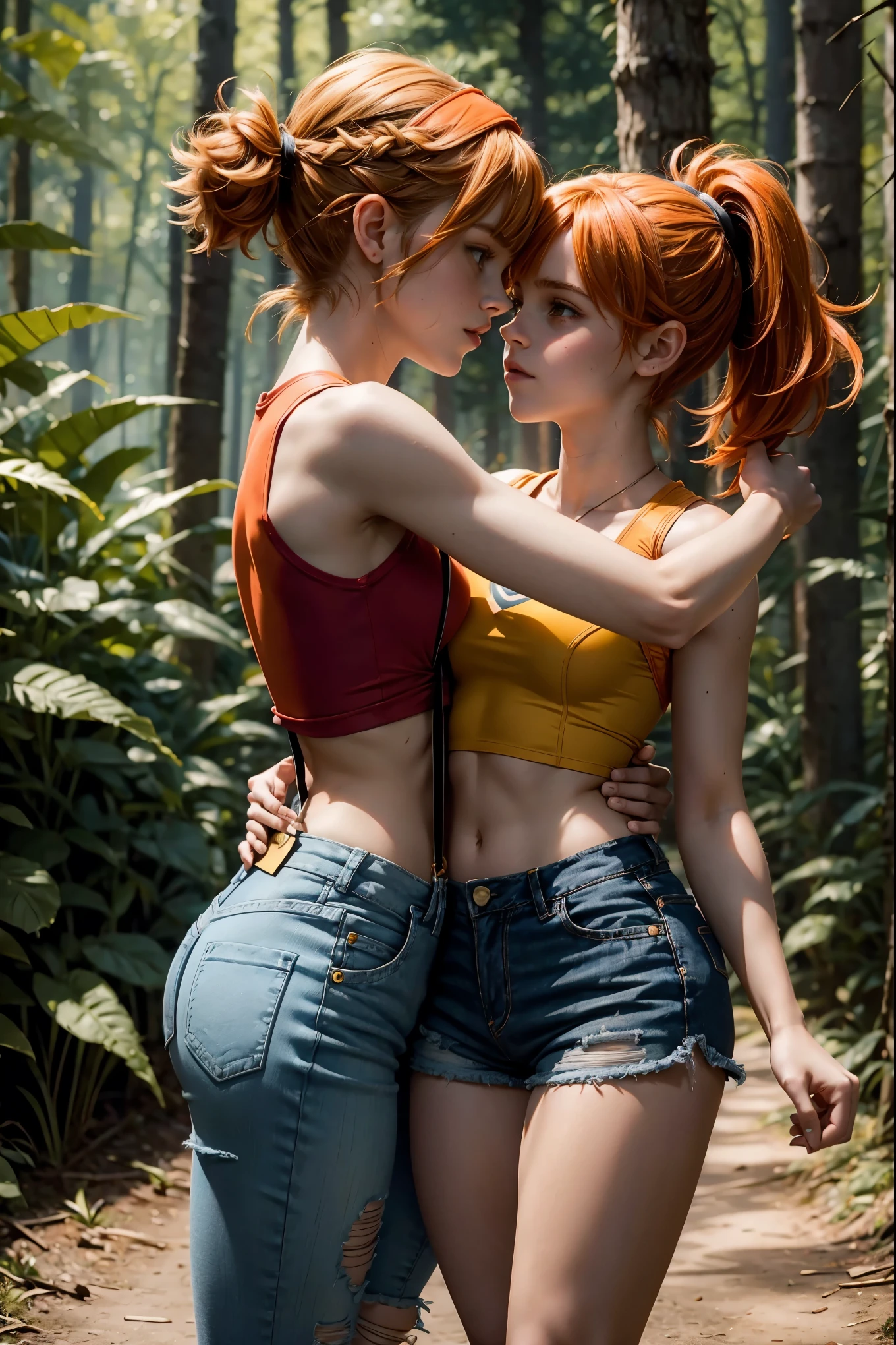 teen emma watson dressed . short spiky orange hair, pigtail. Bikini string top. red suspender. tight micro bikini. background forest. girls hugging and kissing. passion. (NSFW:1.5)