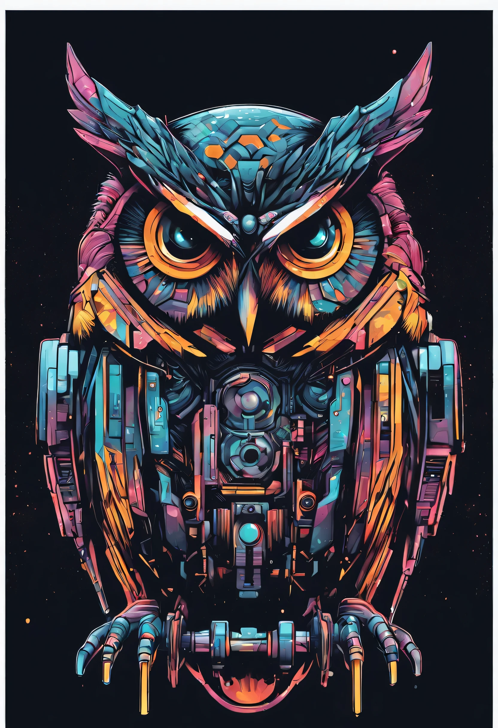 A futuristic owl figure, with lights in eyes, surrounded by vibraprint ready vector t-shirt design, cyberpunk owl illustration, side view, sticker, clean white background, professional vector, high detail, t-shirt design, graffiti, vibrant nt futuristic cityscape.A futuristic owl figure, with lights in eyes, surrounded by vibraprint ready vector t-shirt design, cyberpunk owl illustration, side view, sticker, clean white background, professional vector, high detail, t-shirt design, graffiti, vibrant nt futuristic cityscape.