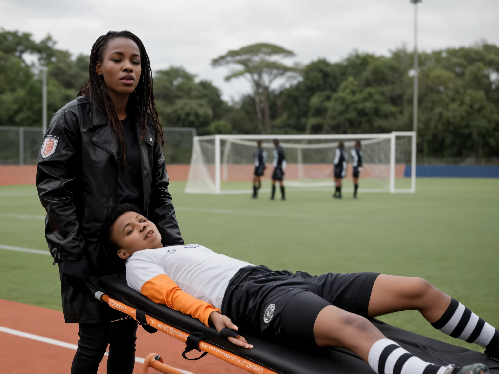 a very shiny padded leather coat, soccer, sports injury, theatralic erotic action, intense erotic scene, erotic pose, a love scene, interracial loving action, erotic, an injured soccer-boy in matte cotton sportswear is rearing up in pain on a stretcher, an injured soccer-boy in matte cotton sportswear is rearing up in pain on a stretcher that is carried by his african girlfriend, there is an attractive african girl in a deep black high-shine biker-jacket, a terrified but attractive african girl is evacuating her injured soccer-boyfriend from a soccer field, an injured soccer-boy in matte cotton sportswear is rearing up in pain on a stretcher while he is evacuated from the field of play by his very attractive african girlfriend, an injured soccer-boy is crying in pain, an attractive african girl in a wet deep black shiny plastic-jacket is giving first aid, dramatic action scene, first aid, injury, pain, agony, helping woman, woman carrying a man, an attractive african girl in a black shiny biker- jacket, an attractive african girl in a wetlook shiny patent-leather-biker-jacket with lipstick and madeup smokey eyes, a consciousless german boy in a cotton shirt and a matte jeans, an attractive african girl with lots of makeup in a very shiny wet black biker-jacket, an attractive african girl is wearing a shiny bikerjacket, an attractive african girl with smokey eyes, an attractive madeup girl in shiny leather with lipstick, an attractive african girl is carrying a german boy, a matte clothed injured boy, a shorthaired boy with cotton t-shirt, a shorthaired boy needs to be carried while wearing matte sportswear