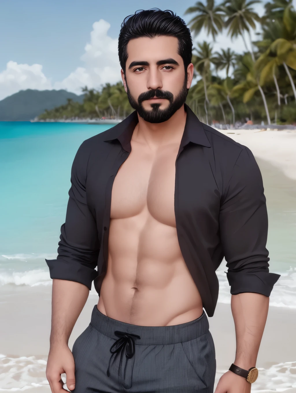 foto de un impresionante y guapo hombre mexicano de 38, Brown eyes, Cabello negro corto desordenado y ventoso, volteando el cabello, primer plano ampliado en retrato de recorte apretado, caminando por un (Paradisiacal beach scene:1.2) Vistiendo un (pantalones de lino sin camisa:1.3) (Zapatillas de playa en su mano:1.3) (Lighting-gold:1.2) detalles de fondo de objetos de primer plano (obra maestra:1.2) (fotorrealista:1.2) (bokeh:1.2) (Mejor calidad) (Escala de colores) (piel detallada:1.3) (intrincado) (8k) (HDR) (cinematic lighting:1.3) (Sharp focus), cabello desordenado y ventoso