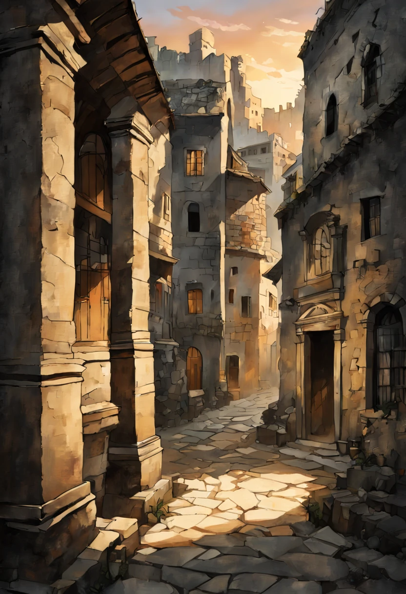 Capture the timeless beauty of an ancient city at sunset. Highlight the (golden:1.2) hues of the fading sun, casting long shadows on (weathered:1.3) stone buildings. Include (intricate:1.1) architectural details and a sense of (mystique:1.2) in the scene. Inspired by the works of (Steve McCurry:1.4) and (Gustave Le Gray:1.3). 