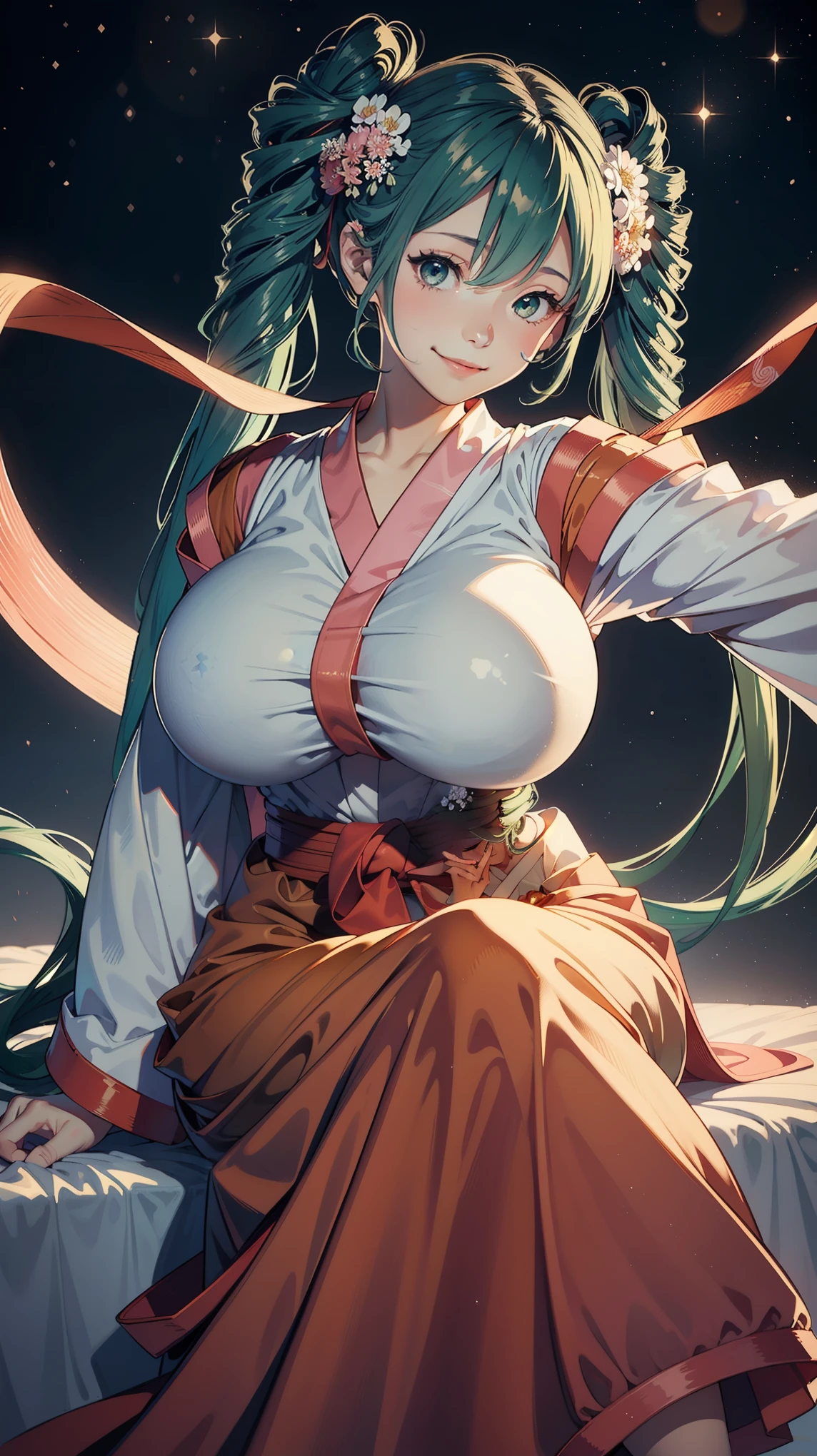 Masterpiece, high quality, 8k, ultra detail, 1 girl, (dynamic poses), ((meigetsu)), sitting, bed, ((huge breast)), smile,