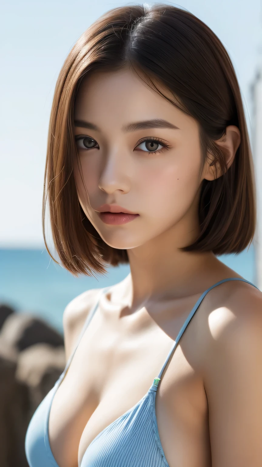  (((masterpiece))), highest quality, very detailed, detailed background, very beautiful girl, Japanese, 12,  detailed face, bangs, (whole body:1.3), (random hairstyle :1.2), (young face), (perfect body:1.1), blouse, summer, In 8K, wallpaper, wonderful, finely, Super detailed, ultra high resolution, very detailed, Pure erotic face, very detailed目と顔, beautiful and detailed eyes, very detailed肌, no makeup, (natural skin), Random Bikini、along the coast、slightly saggy chest、look forward、stare at the camera、