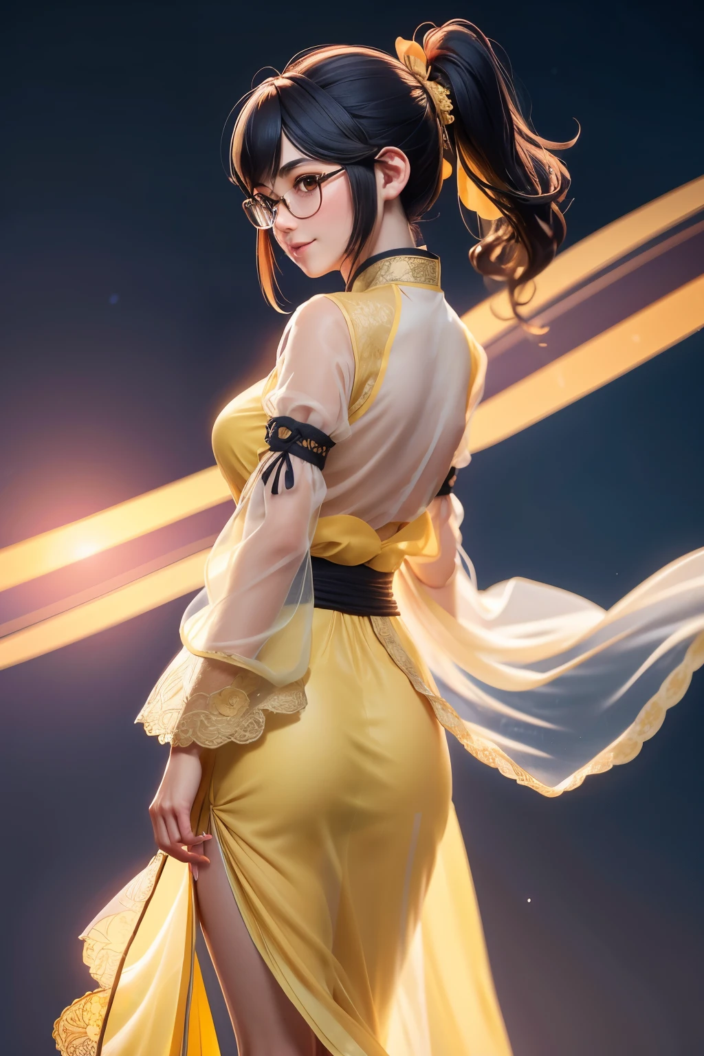 ((from behind)), pretty girl, black hair in a ponytail, bangs, hair accessory, wearing glasses, bright smile, small breasts, slim waist, ((wearing hanfu(see-through) )multi-layered intricate details (pastel yellow))), dresses fluttering in the wind, seductive dances, the backdrop is an island with only peach trees in full bloom, many peach petals fluttering, morning light, Anime, high quality