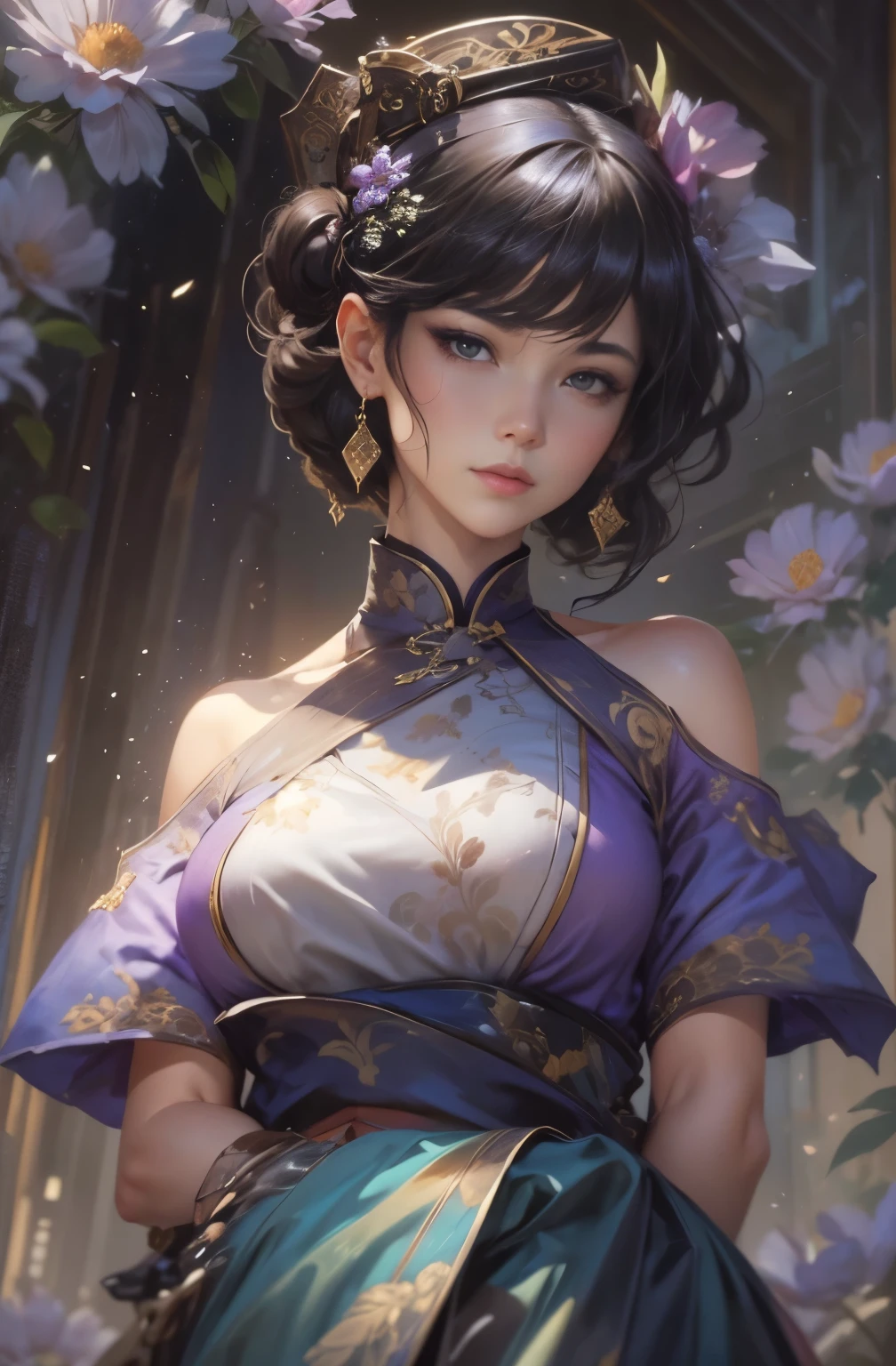 A painting of a beautiful young woman standing quietly, 美しいHongkongの夜景, flower of society, She is wearing an elegant purple cheongsam, Gwaites style artwork, Artjam and Ati Gailan, beautiful character drawings, by Jan J., style art germ, Artjam and Luan Jia, art germ style, Ruan Jia and Artgerm, highest quality, masterpiece, perfect angle of view, perfect composition, best shot, official art, cinematic light, figurative art, Beautiful and expressive paintings, Beautiful artwork illustration, wonderful, cool beauty, clear, Mysterious, highest quality, official art, perfect composition,perfect angle, best shot, women only, sharp outline, In the middle of a conspiracy, The face behind the scenes, dark government official, dark mission, first class agent, government agent, Top big-name spy, A talented female spy, beautiful female spy, beautiful eyes, quite beautiful face, Spy, Spy X21, carry a concealed gun and knife, Eyes without pupils, color eye, ideal anima, melancholy, nostalgia, romantic, 1930s, Hongkong, beautiful cityscape, sepia memories, forget