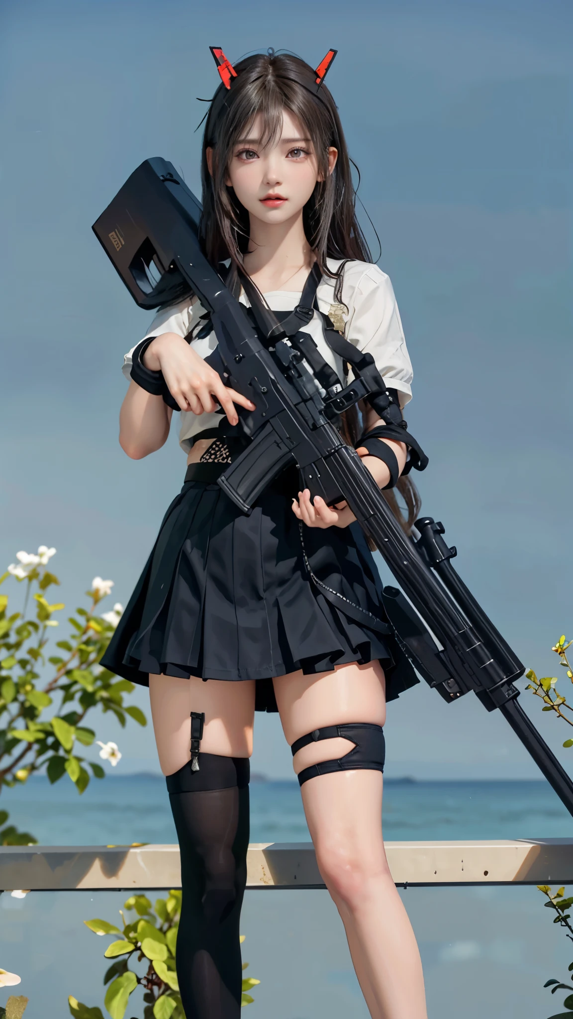 a 20 yo woman, blonde, (hi-top fade:1.3), dark theme, soothing tones, muted colors, high contrast, (natural skin texture, hyperrealism, soft light, sharp), A girl with a gun and a skirt, m4 sopmod ii girls frontline, with rifle, holding a mp7, holding a sniper rifle, girls frontline style, holding pdw, of a sniper girl in war, realistic weapon, holding a rifle, holding rifle, full body shot hyperdetailed, in game, ingame image, ssao 8 k, heavy detail