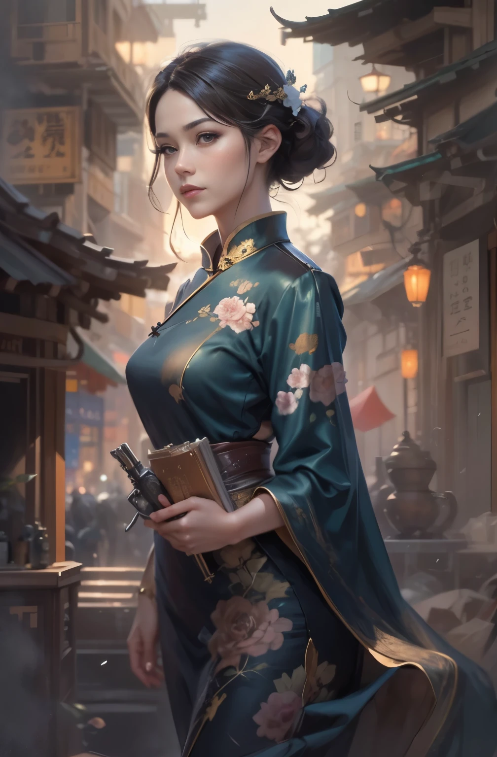 A painting of a beautiful young woman standing quietly, 美しいHongkongの夜景, flower of society, She is wearing an elegant purple cheongsam, Gwaites style artwork, Artjam and Ati Gailan, beautiful character drawings, by Jan J., style art germ, Artjam and Luan Jia, art germ style, Ruan Jia and Artgerm, highest quality, masterpiece, perfect angle of view, perfect composition, best shot, official art, cinematic light, figurative art, Beautiful and expressive paintings, Beautiful artwork illustration, wonderful, cool beauty, clear, Mysterious, highest quality, official art, perfect composition,perfect angle, best shot, women only, sharp outline, In the middle of a conspiracy, The face behind the scenes, dark government official, dark mission, first class agent, government agent, Top big-name spy, A talented female spy, beautiful female spy, beautiful eyes, quite beautiful face, Spy, Spy X21, carry a concealed gun and knife, Eyes without pupils, color eye, ideal anima,　melancholy, nostalgia, romantic, 1930s, Hongkong, beautiful cityscape, sepia memories, unforgettable woman, Full body Esbian