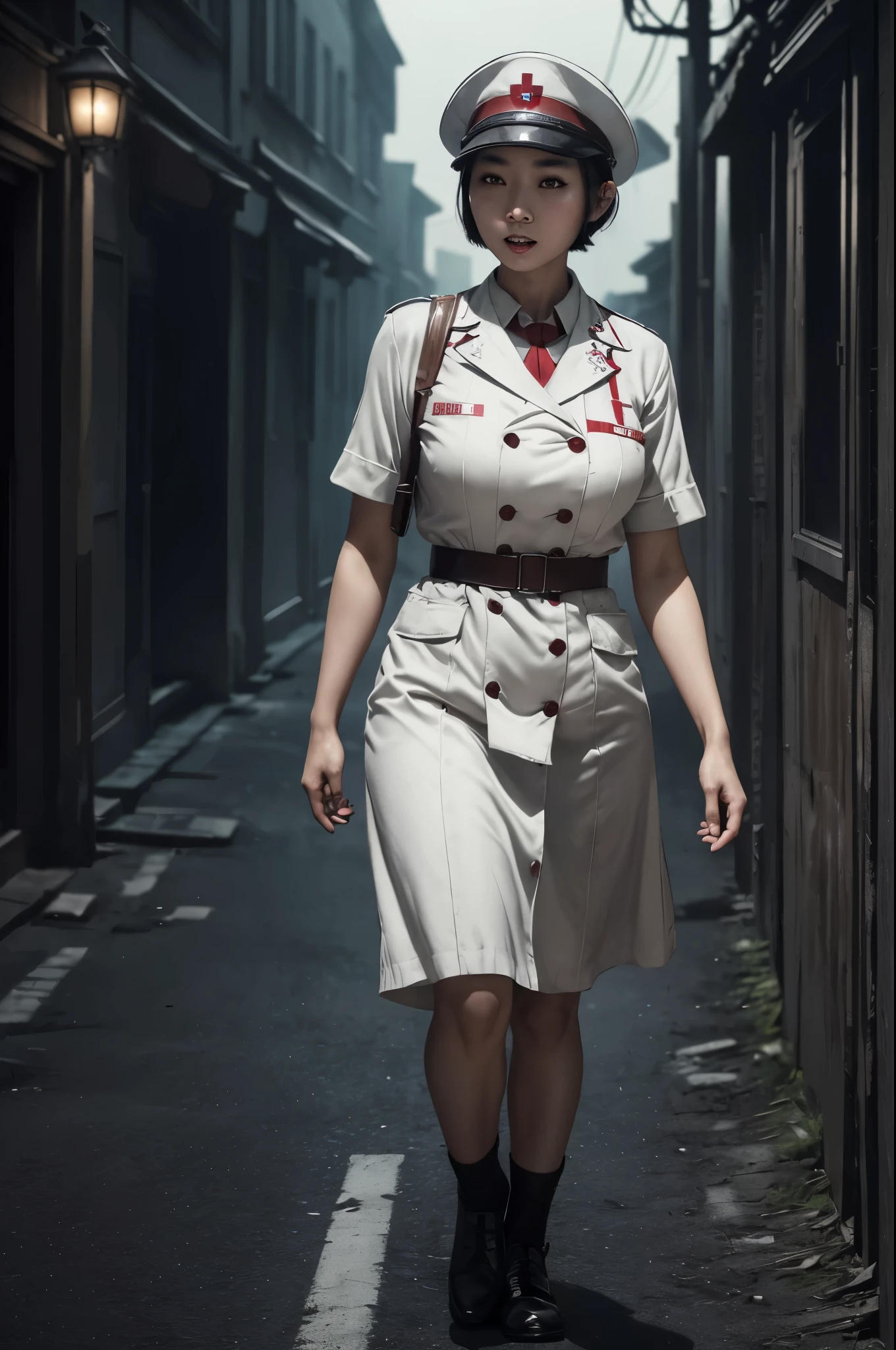 Asian WW2 nurse, ((beautiful face)) (short hair), (makeup), white uniform and nurse's hat, ((full body shot)) runs toward viewer looking back, scared, (behind her in the shadows a (fearsome monster with sharp teeth)), ((deserted WW2 European street)) ((spooky night)), dramatic lighting, (depth of field), ((masterpiece)), ((best quality)), ((highly detailed))