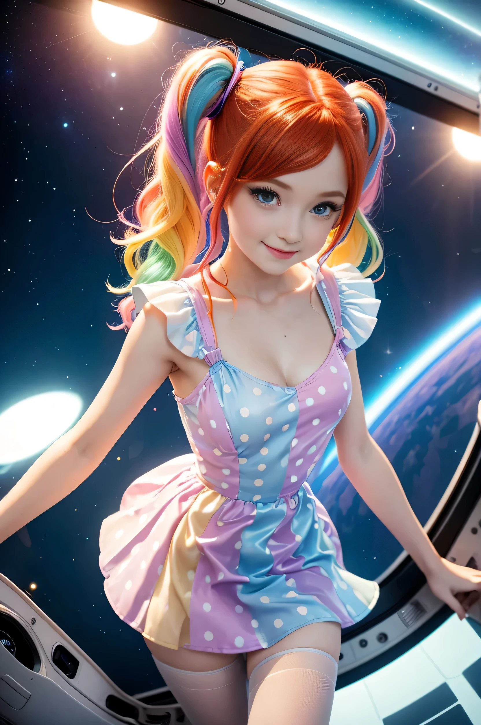 (overhead view) Cute redhead with rainbow colored hair tips, ribbons in her hair, 18-year-old woman, happy, smiling, in twin tails, perfect eyes, clear sparkling blue eyes, pale skin, silky smooth skin, flying a fancy metal luxurious space ship, futuristic cockpit, she's a pilot, outer space seen in windows, dark warm lighting, wearing a futuristic party dress, low cut top, pleated (chemise) mini dress (pastel rainbow colors, and polka dots), puffy sleeves, silk, pantyhose, cute short cut booties, boots.