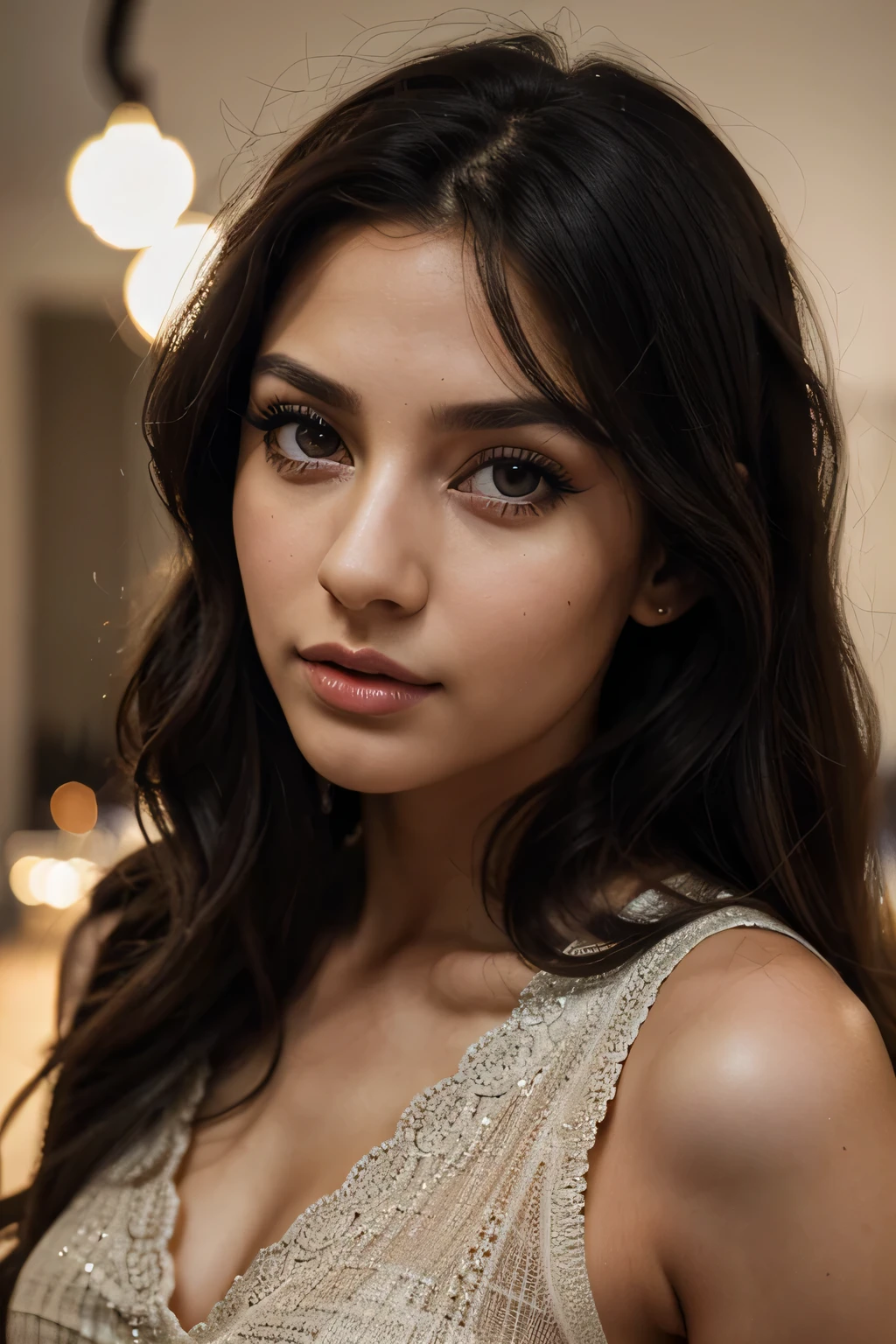highres,realistic,ultra detailed,photo of beautiful,labanese,girl,20 years old,big eyes,long eyelashes,sharp beautiful nose,wavy black hair,natural makeup, dancing, hyper realistic, photo