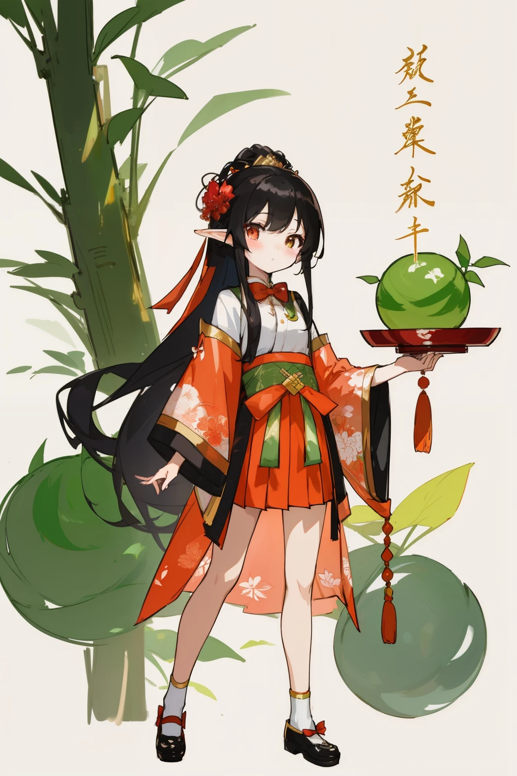 beautiful girl, complex clothing design, (rich and colorful),  number,美丽的number插图,  ((masterpiece, best quality)), intricate details, Very detailed, sharp focus, 8K resolution, sparkling and delicate eyes，(masterpiece, best quality), 1 girl, intricate details,leaf, long black hair，looking at the audience, Elf,whole body，Picture，decorate，Lychee elements，China，Ancient costume，skirt，bow tie，Golden pupils，standing posture，clear，8k，high resolution，Detailed background，particle，high quality，girl，author：Mai Yoneyama，anime illustration，pixiv style，The character is at the top of the screen 3/4，Advanced composition，Storyboard，Lychee elements，China古风，green plants