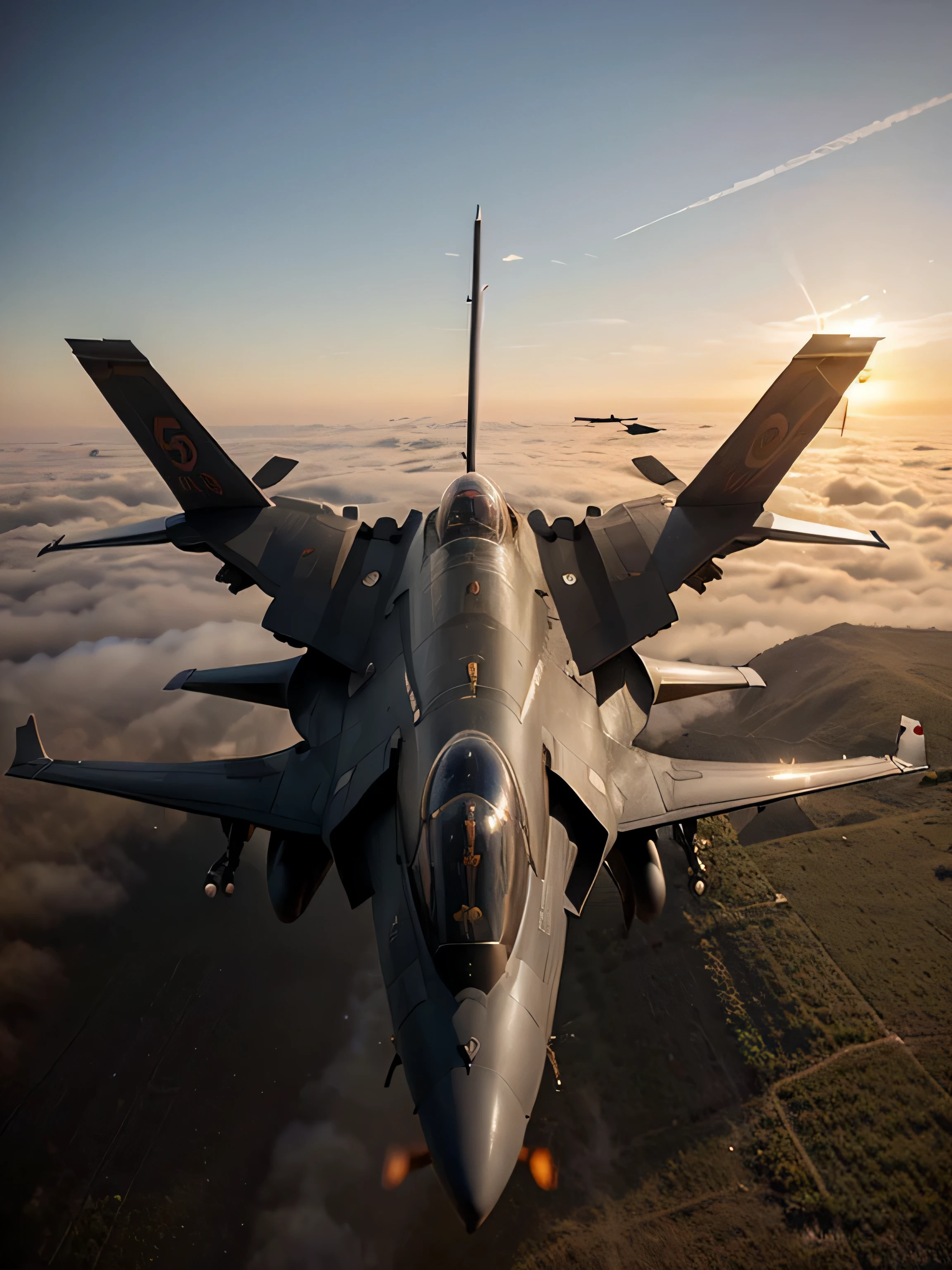 dragons, friend, scaring, terrifying,  holding guns, human riding dragons, sunset, foggy, nature, bombing jets, front view, f35 fantasy jet