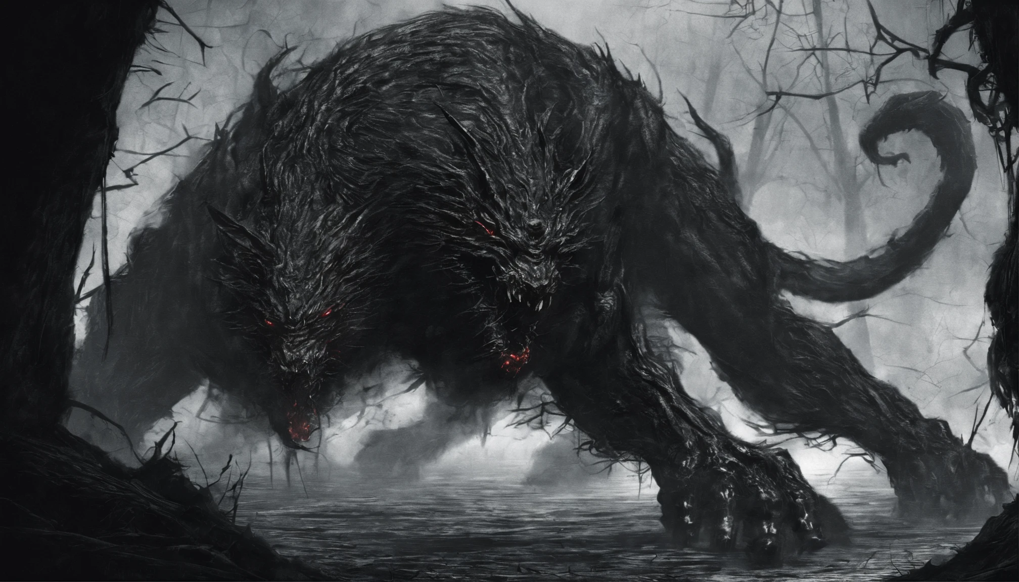 high resolution, Cerberus, Wrapping chains around the body, emits a red-black aura, monochrome