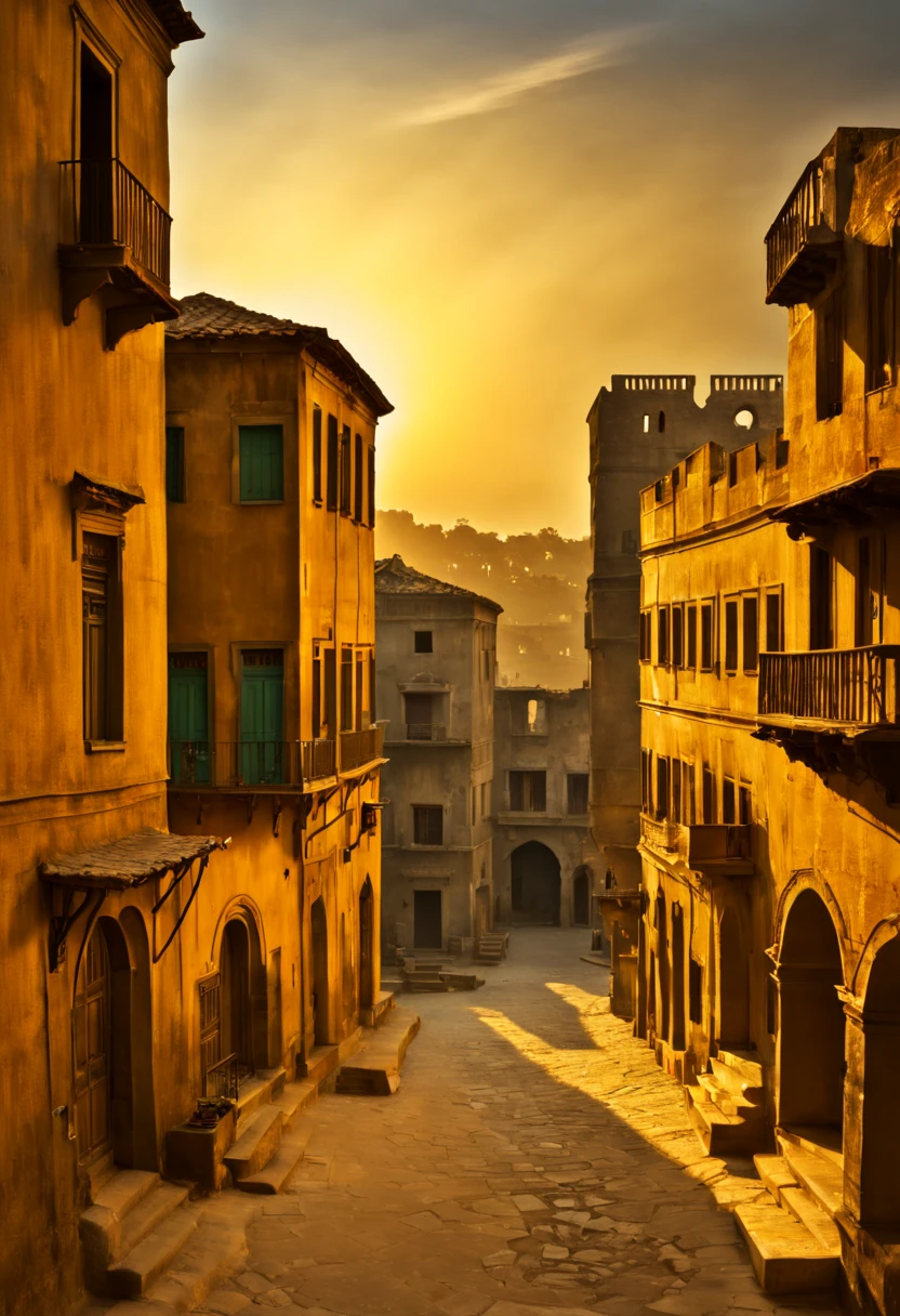 Capture the timeless beauty of an ancient city at sunset. Highlight the (golden:1.2) hues of the fading sun, casting long shadows on (weathered:1.3) stone buildings. Include (intricate:1.1) architectural details and a sense of (mystique:1.2) in the scene. Inspired by the works of (Steve McCurry:1.4) and (Gustave Le Gray:1.3).