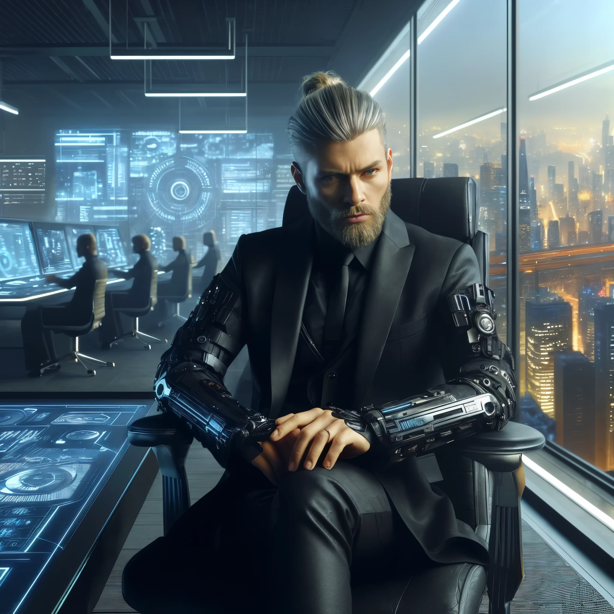 arafed man in a suit sitting in a chair with a laptop, portrait of a cyberpunk man, cyberpunk character, in cyberpunk style, cyberpunk transhumanist, futuristic cyberpunk scenario, has cyberpunk style, hyper-realistic cyberpunk style, cyberpunk art ultrarealistic 8k, cyberpunk dude, modern cyberpunk, cyberpunk fashion clothing, cyber suit, futuristic cyberpunk