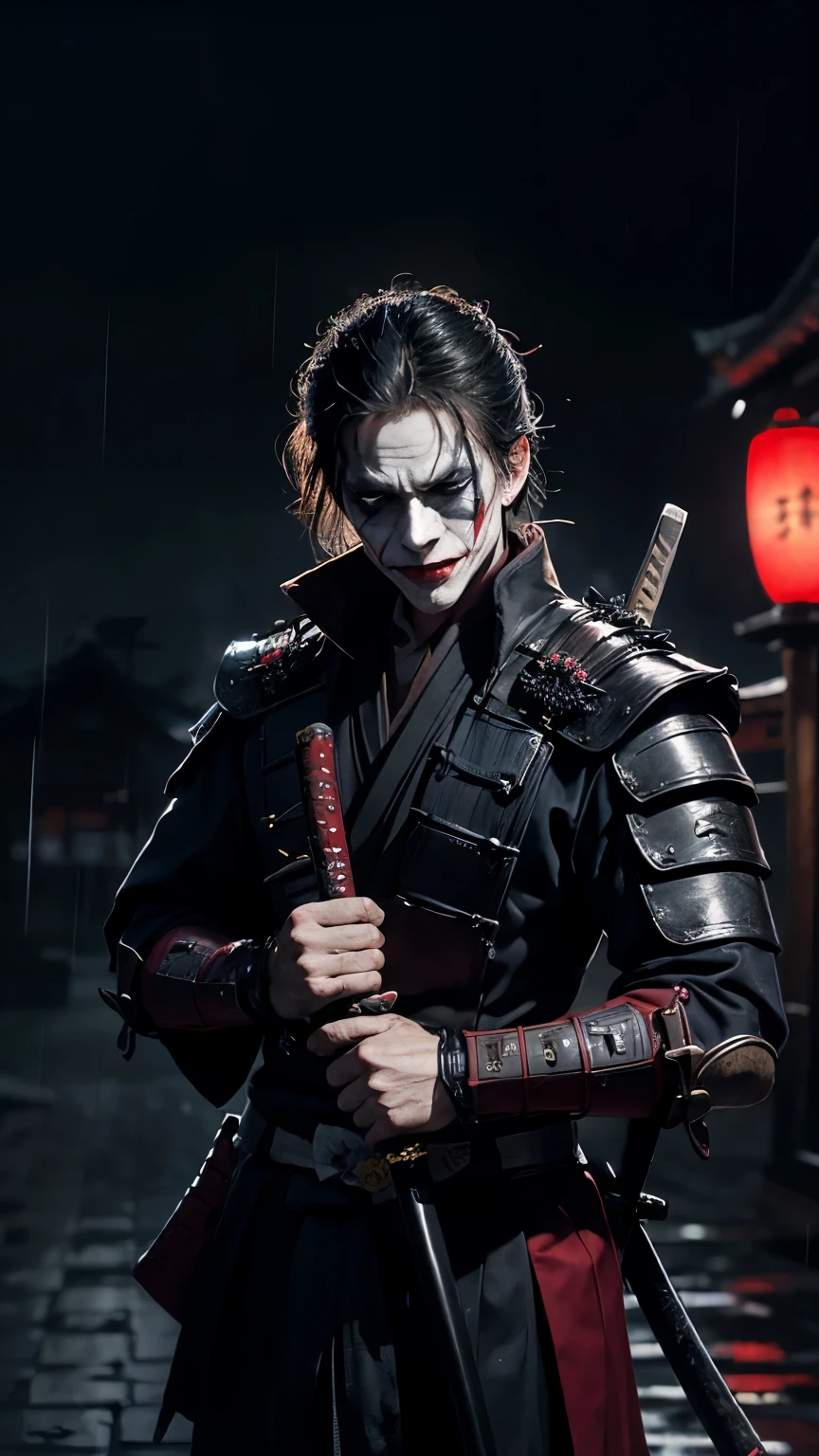 A Joker who became a samurai, wearing full samurai armor, holding katana, soaked by rain, deep dark eye, midnight, japanese torii gate background, professional shot, realism, gritty