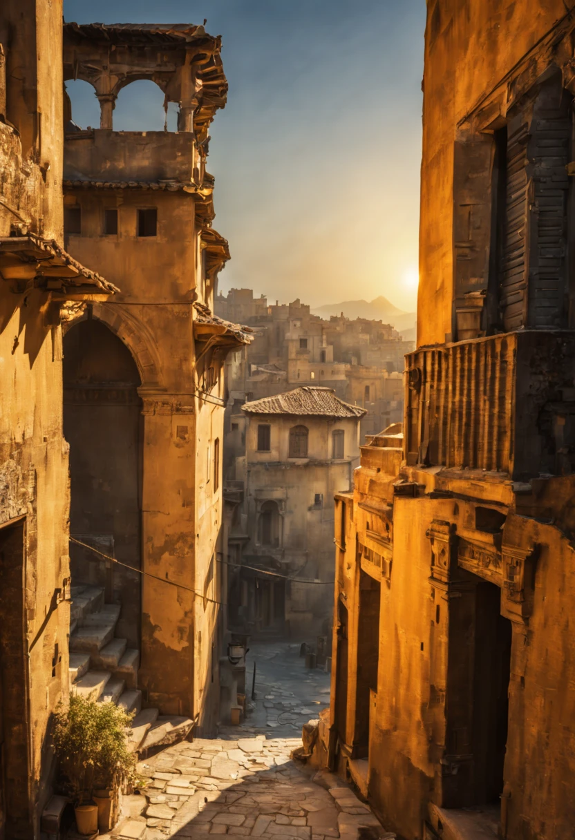 Capture the timeless beauty of an ancient city at sunset. Highlight the (golden:1.2) hues of the fading sun, casting long shadows on (weathered:1.3) stone buildings. Include (intricate:1.1) architectural details and a sense of (mystique:1.2) in the scene. Inspired by the works of (Steve McCurry:1.4) and (Gustave Le Gray:1.3). 