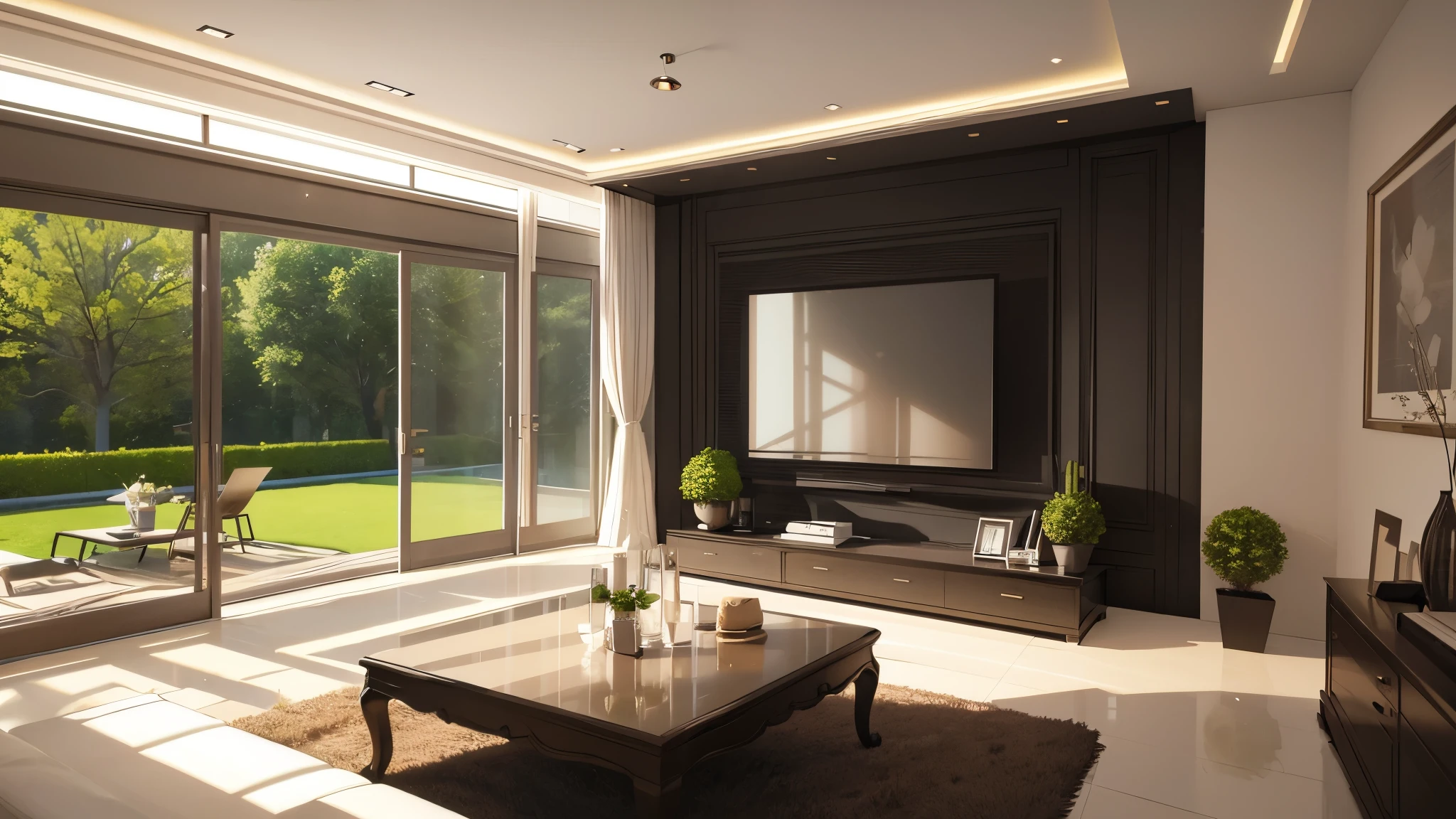You are a famous interior designer、You have been asked to create a 3D image of a modern large room. Create a harmonious environment with modern and minimalist furniture. Including garden interior.