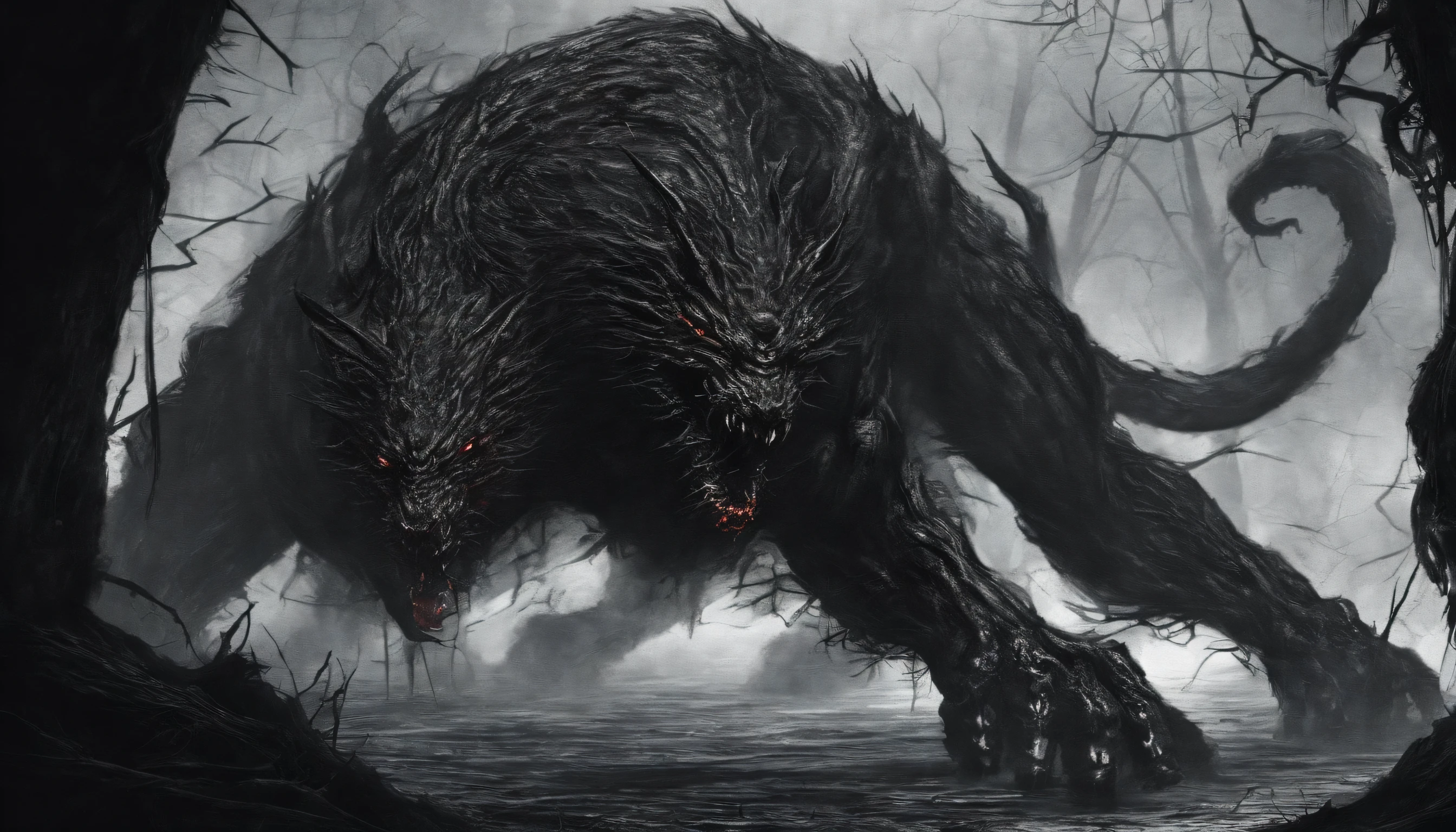 High resolution, Cerberus, Wrapping a chain around the body, emits a red-black aura, monochrome