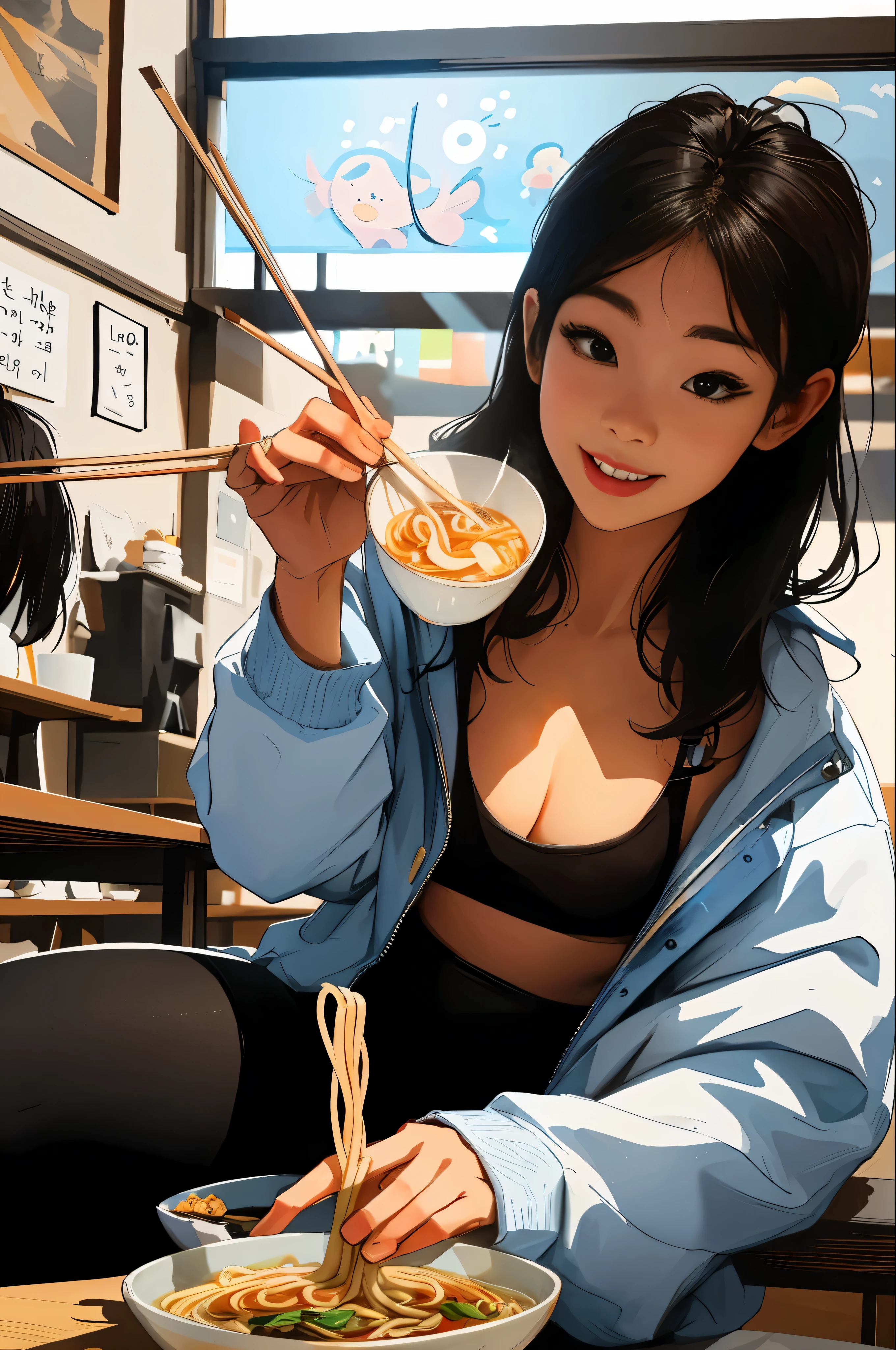 Woman eating a bowl of noodles with chopsticks at a restaurant, 5 fingers to hold noodles correctly,eating noodles, Ilya Kubshinov. 4 thousand, eating ramen, Guweiz style art work, Trending in popularity on cgstation, Korean woman, digital art Ilya Kubshinov, ross transstyle, artgerm and Ilya Kubshinov, fascinating anime girl