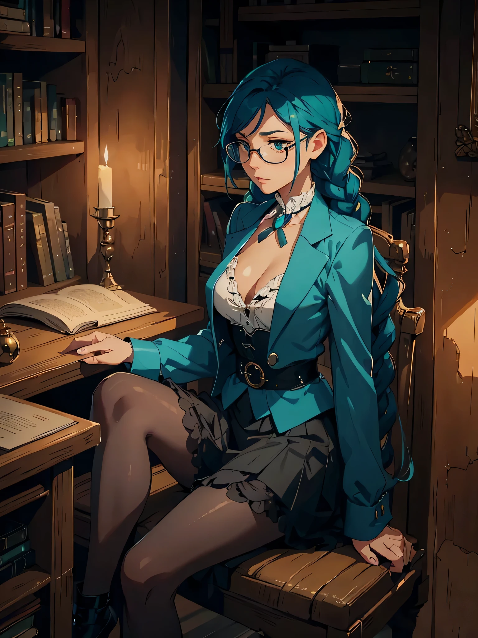 Masterpiece, best quality, 1_woman, full body, (exotic skin_complexion), mature, looking away from viewer, (tired eyes), ((sitting)), teal hair, long double hair braids, bright teal hair, diamond shaped eyes, glasses, large_bust, chest window, cleavage, dark blue (Victorian blazer), white halter top blouse, double button breast, long dark blue (ta skirt), silver trim, black tights, clinging to brown book, black heels, , small waist, perfect hands, table with papers and books, log cabin bedroom, candle, candle light,