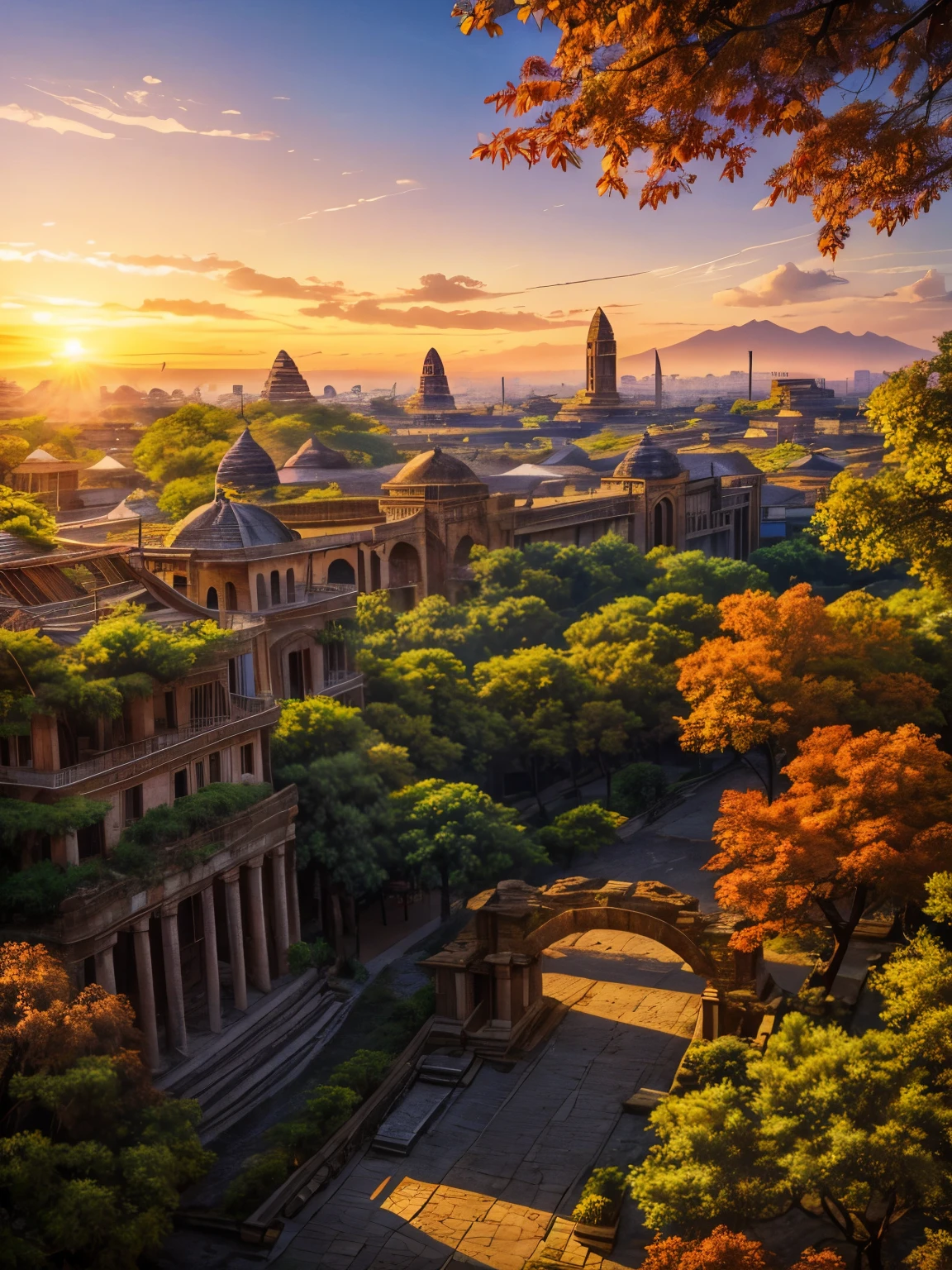 Ancient City at Sunset,A spellbinding vista where pristine nature meets humanity; an tree, a bustling multicultural city square, its leaves turning gold at sunset, symbolizing the enduring power of nature amidst modernity, resonating universally with awe and admiration
