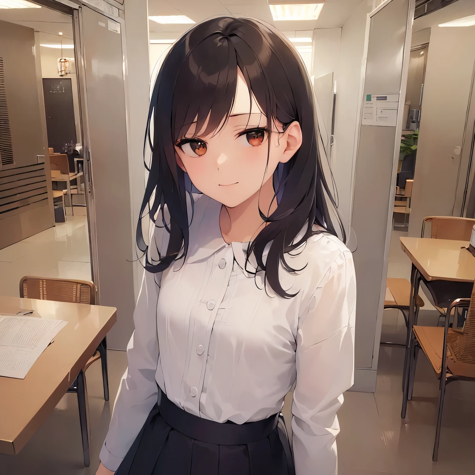 (slim body:1.5), (small breasts:1.5), dutch angle、Realistic, real person, RAW photo, photorealistic, portrait photography, shiny skin, japanese idol, 25 year old woman、(messy hair:1.3), (medium hair) and (brown hair) and (brown eyes), wearing a white shirt、wearing a gray skirt、smiling, The background is a conference room、Alone、Looking at the floor、jitome