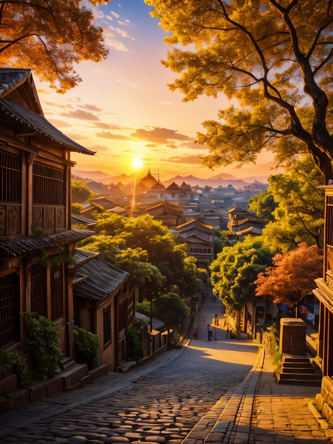 Ancient City at Sunset,A spellbinding vista where pristine nature meets humanity; a bustling multicultural city square, its leaves turning gold at sunset, symbolizing the enduring power of nature amidst modernity, resonating universally with awe and admiration