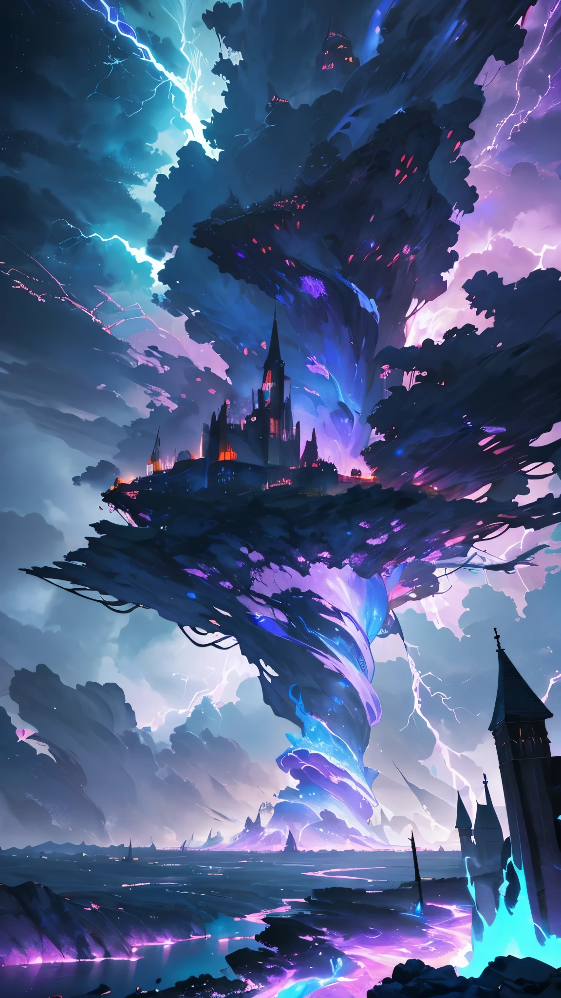 ((masterpiece)),((best quality)),8k,high detailed,ultra-detailed,intricate detail,Digital art,surrealism,fantasy,Gothic architecture,a lone figure suspended mid-air amidst floating islands,surrounded by swirling storm clouds,illuminated by ethereal lightning,dramatic and electrifying,vibrant shades of purple and turquoise,dynamic composition,Maxon Cinema 4D rendering,capturing the electrifying tension of a stormy realm,