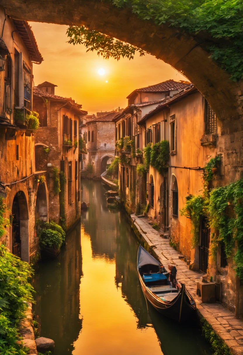 (ultra-detailed,vivid colors,historical,ancient city,sunset,romantic,architecture,aged buildings,stone streets,narrow alleys,bustling markets,traditional costumes,beautiful gardens,ornate temples,serene atmosphere,glowing sky,shimmering water,cobblestone pavements,golden rays of sunlight,ancient ruins,majestic castles,ivy-covered walls,ethereal beauty,mysterious charm,breathtaking views,peaceful canal,majestic towers,colorful sunset,soft glow,tranquil river,hidden courtyards,enchanted ambiance,whispering winds,iridescent clouds,aesthetic scenery,enchanted bridges,mysterious shadows,unforgettable journey)