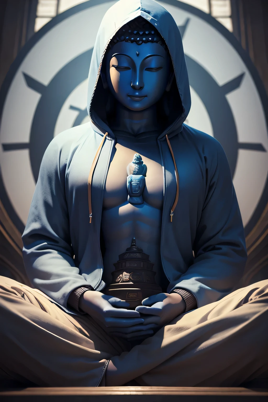 There is a blue Buddha statue facing the front and wearing a hoodie hood,Buddha, Buddha, Buddhism, beautiful images,Buddha,Buddha