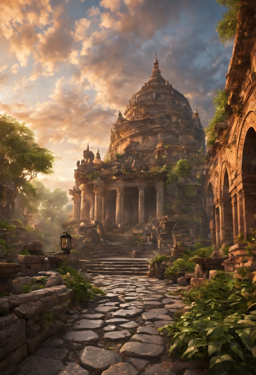 (best quality,4k,8k,highres,masterpiece:1.2),ultra-detailed,(realistic,photorealistic,photo-realistic:1.37),ancient city at sunset, vibrant colors, glowing, mystical atmosphere, majestic architecture, intricate stone carvings, illuminated sky, warm golden hues, ancient ruins surrounded by lush vegetation, delicate sunlight piercing through the clouds, tranquil river reflecting the city's beauty, cobblestone streets leading to hidden alleyways, silhouettes of people wandering in awe, misty clouds adding a touch of mystery, peaceful and serene ambiance, grandiose temple with intricate mosaics, distant mountains bathed in a magical orange glow, age-old history merging with the present moment, a timeless and captivating scene.