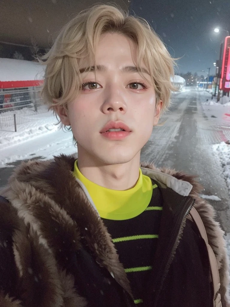 arafed boy in a fur coat standing in the snow, Jimin\los labios carnosos, park Jimin, Jimin, accurate Jimin face, Jimin\his right eyelid is swollen, Jimin\la nariz griega, Jung Jaehyun, hyung tae, TaeJune Kim, todos del grupo nct, hong junio hyung, foto de perfil, Con pelo corto