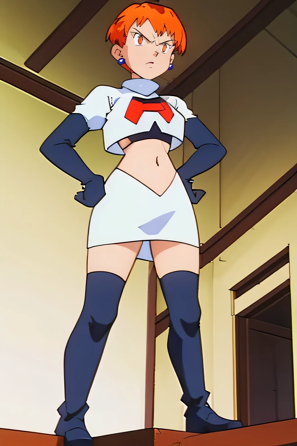 leonie pinelli, orange hair ,short hair ,earrings, glossy lips,masterpiece, best quality, highres,team rocket uniform, red letter r, white skirt, white crop top, black thigh-high boots, black elbow gloves, glaring angrily, looking down at viewer, hands on hips, full body seen, zettai ryouiki