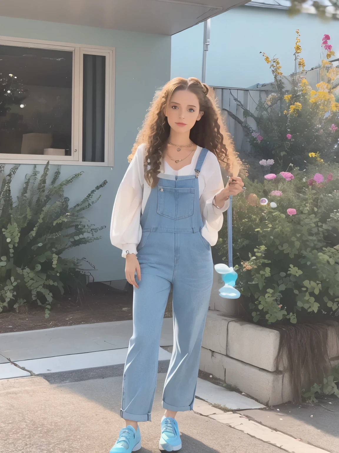 hyper-realistic illustration of a Caucasian woman, flawless makeup, long straight hair with curly ends, jewelry, light blue overalls, light blue shoes, she's standing outside side in her backyard blowing bubbles for her Yorkie puppies, zoom out, full body image