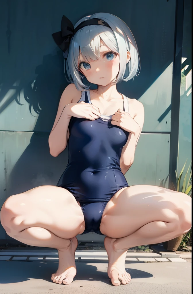 school swimsuit、Youmu、squatting down、between legs、spread legs、barefoot、