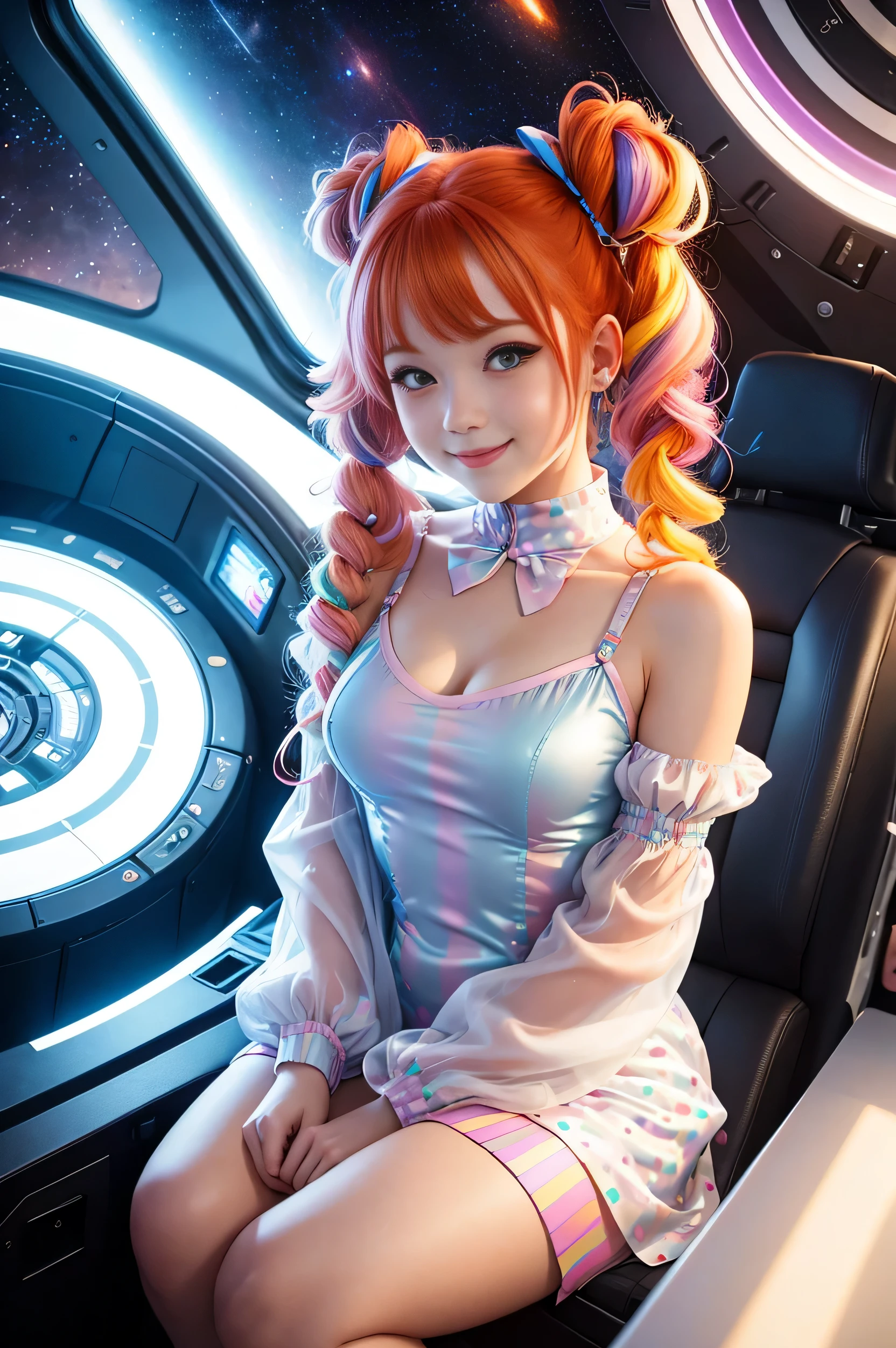 (overhead view) Cute redhead with rainbow colored hair tips, ribbons in her hair, 18-year-old woman, happy, smiling, in twin tails, perfect eyes, clear sparkling blue eyes, pale skin, silky smooth skin, flying a fancy metal luxurious space ship, futuristic cockpit, she's a pilot, outer space seen in windows, dark warm lighting, wearing a futuristic party dress, low cut top, pleated (chemise) mini dress (pastel rainbow colors, and polka dots), puffy sleeves, silk, pantyhose, cute short cut booties, boots.