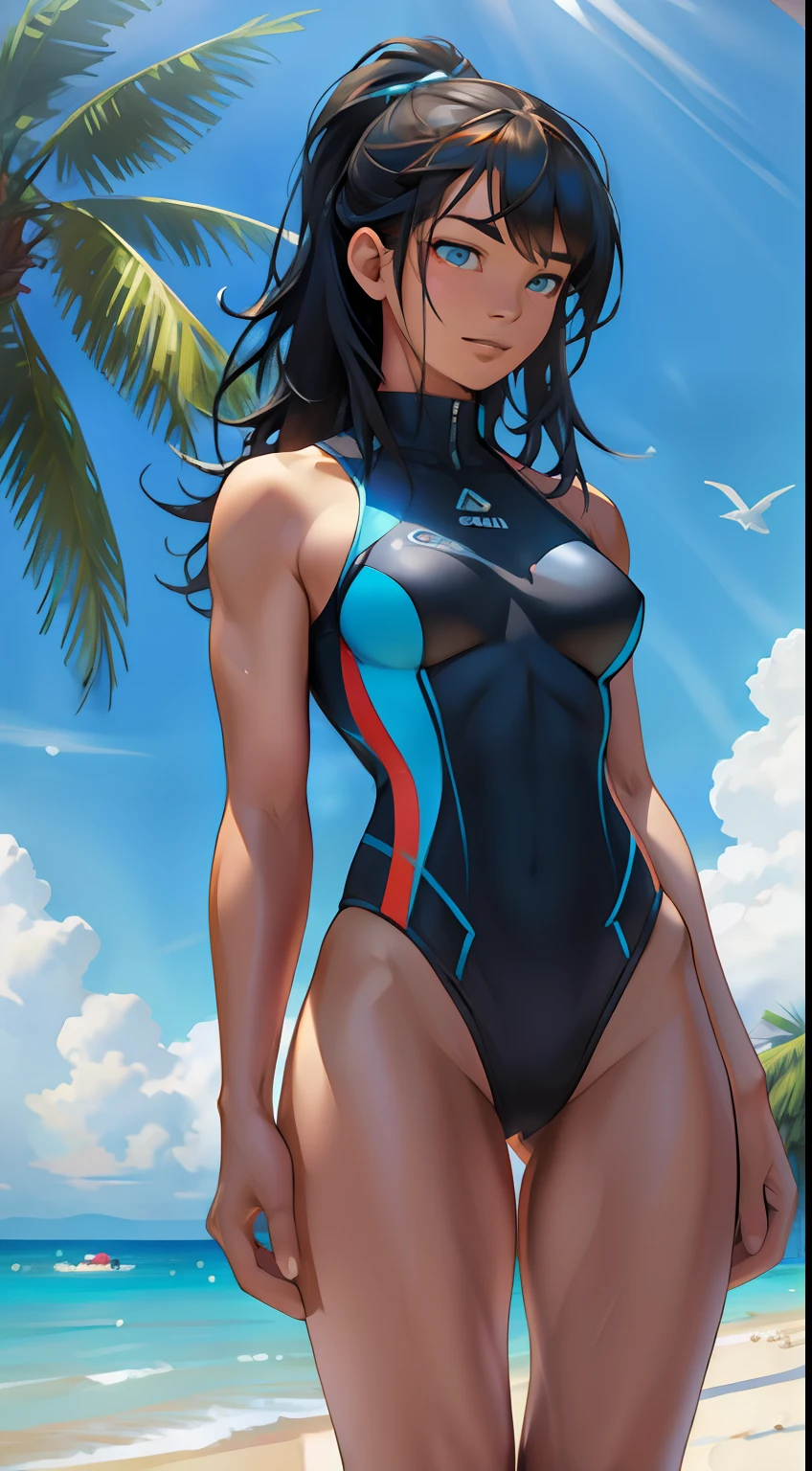 tropical island, beach, palm trees, ocean, beach ball, sand, sky, clouds, sun, sun light, (masterpiece), best quality, 8k, 4k, hd, hires, best quality, masterpiece, ultra-high detailed, hyper-detailed, intricate details, photo-realistic, beautiful details, studio lighting, detailed clothing, highly textured clothing, satin lighting, hyper resolution, insanely detailed, young woman, fit body, nice thighs, swim suit,