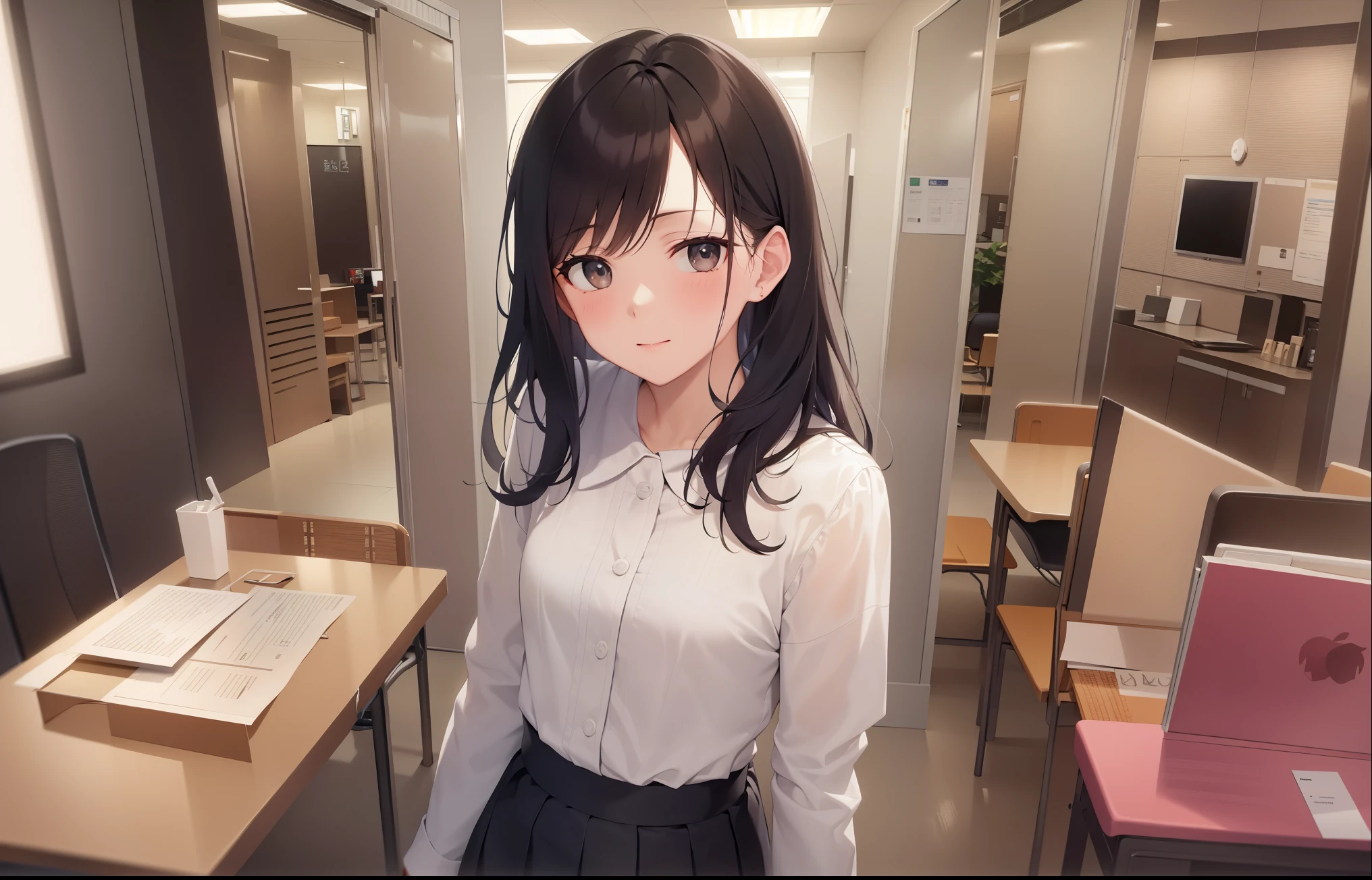 The background is a conference room、table、Chair、floor、wall