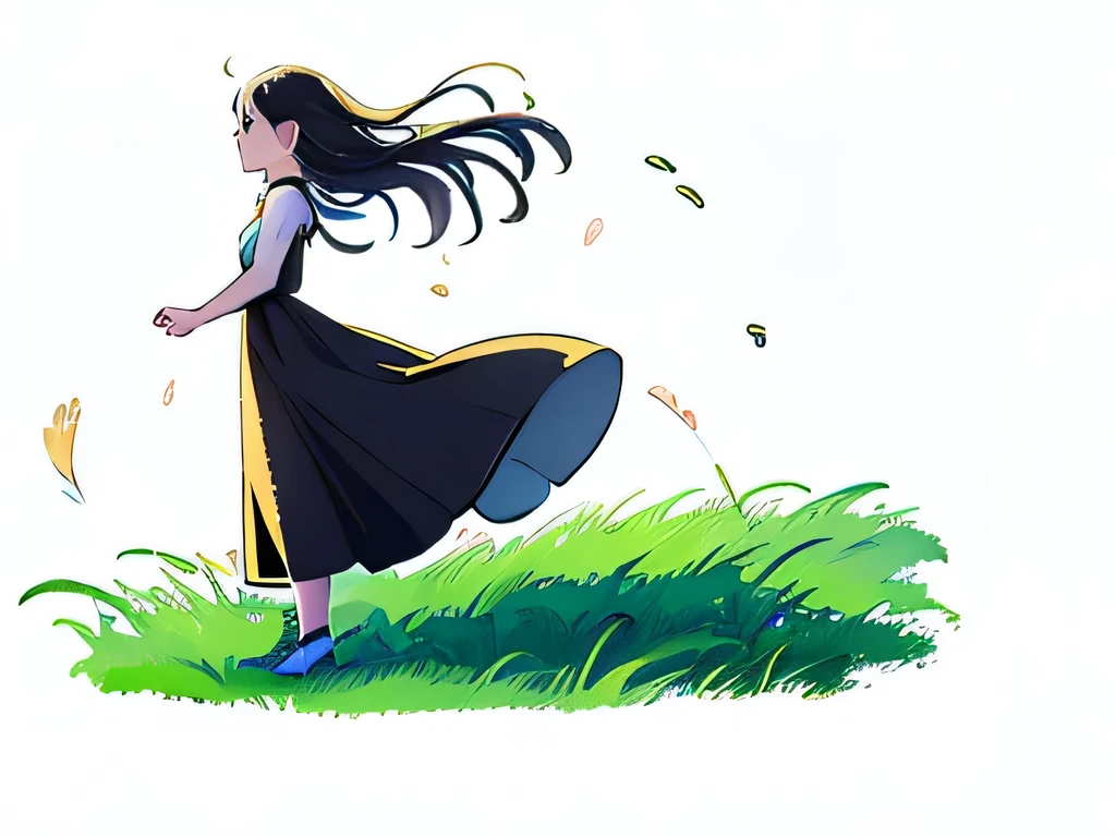 side view illustration of a girl wearing a long dress standing in a grassy field, wind is blowing her dress 