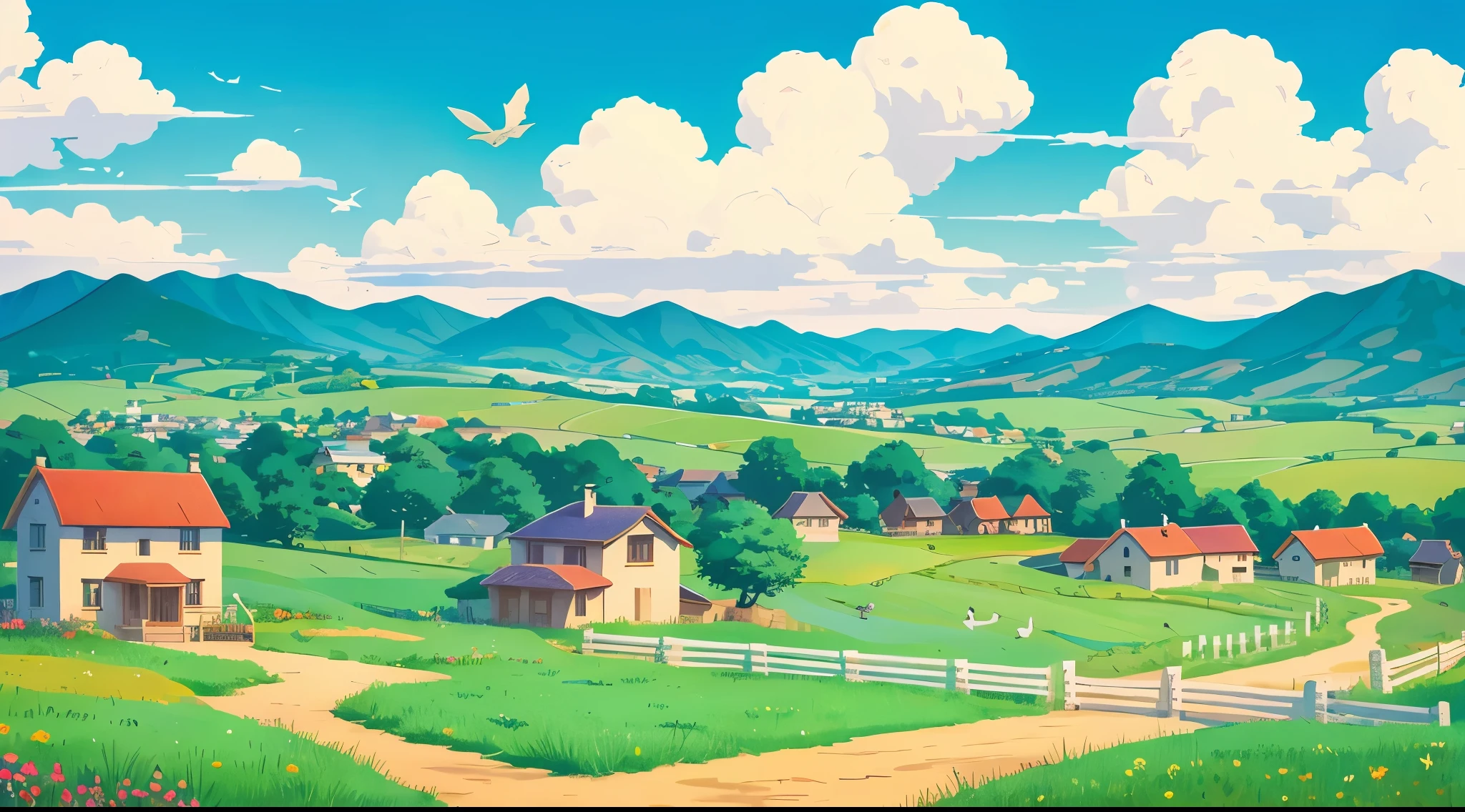 Anime-style painting of a colorful countryside scene。
Grassland and blue sky spread out、two birds flying。
Two houses are lined up in the distance.、A pleasant wind is also blowing。