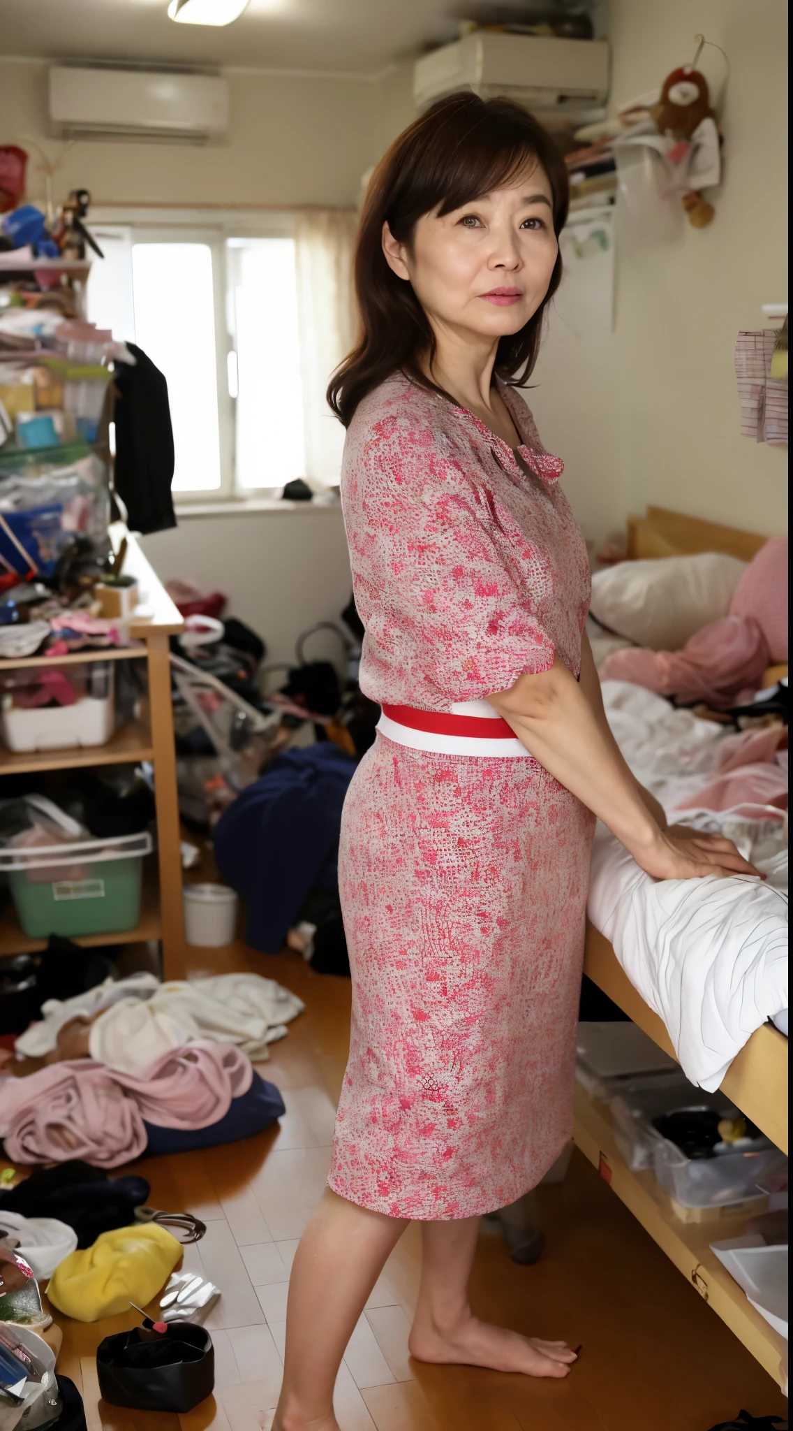 ((最high quality, 8K, masterpiece: 1.3)), sharp focus, high quality, High resolution, portrait, alone, Japan, middle-aged women, beauty, 48 years old, Plump, wavy hair, good, skirt, wrinkles around the eyes, Expressionless, messy room, Messy floor, Extravagant meat, unorganized room