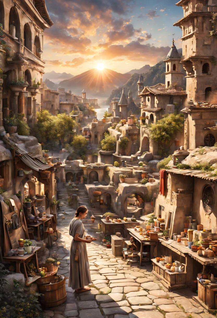 ancient city at sunset, warm golden sunlight, majestic buildings, intricate architectural details, bustling marketplace, cobblestone streets, vibrant colors, bustling crowds, peaceful atmosphere, looming shadows, distant silhouettes, tranquil river, lively street vendors, historical landmarks, distant mountains, impressive city walls, ornate gates, mystical charm, timeless beauty, rich history, hidden alleyways, exotic aromas, captivating views, enchanting ambiance, radiant sky, breathtaking panorama, magical twilight, romantic setting, faded elegance, ancient ruins, vivid sunset hues, faded frescoes, nostalgic vibes, ethereal glow, evocative reflections, ancient carvings, hidden courtyards, architectural masterpieces, mysterious past, whispered secrets, grandeur of the past, hidden treasures. 

(best quality,4k,8k,highres,masterpiece:1.2),ultra-detailed,(realistic,photorealistic,photo-realistic:1.37),HDR, UHD, studio lighting, ultra-fine painting, sharp focus, physically-based rendering, extreme detail description, professional, vivid colors, bokeh, scenery, sunset, architecture, historical, cityscape, ancient, sunlight, marketplace, river, vendor, mountain, street, silhouette, gate, panoramic, twilight, elegant, ruins, frescoes, nostalgic, ethereal, glow, carving, courtyard, grandeur, treasure
