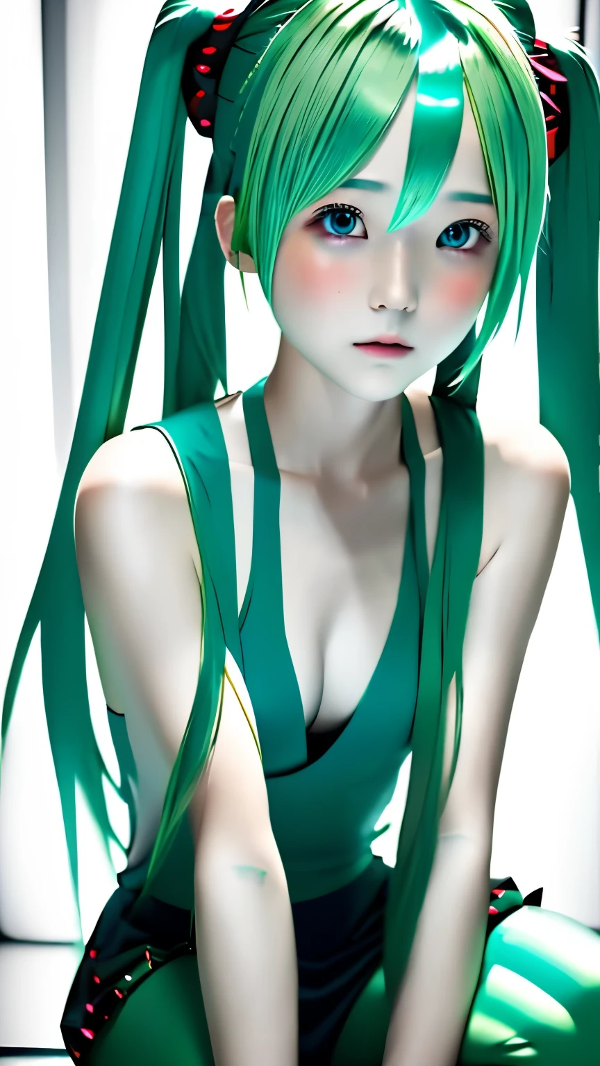 RAW photo、blue green hair,dual horsetail,Sexy,adorable,small eyes、Expressionless,squat,twin tails、Hatsune Miku、official art，unity 8k wallpaper，super detailed，aesthetics，master piece，best quality，Realistic,Photo level、highest quality、Highest image quality、master piece、