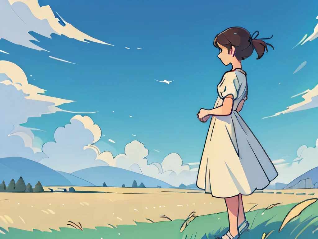 side view illustration of a tall girl wearing a dress standing in a grassy field, wind is blowing her dress view from far away