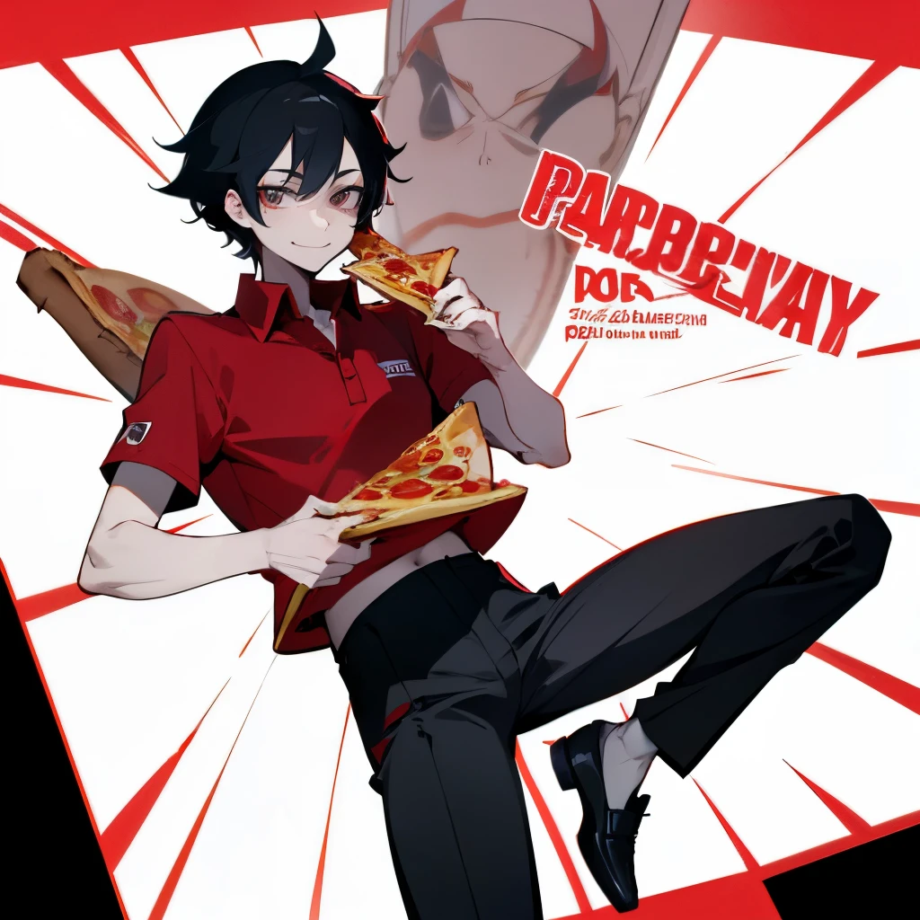 Man with black hair, wearing a pizza delivery uniform with short sleeve red polo shirt, black pants and black shoes, somehow pale, slim, looking at you, happy smiling, anime, high quality