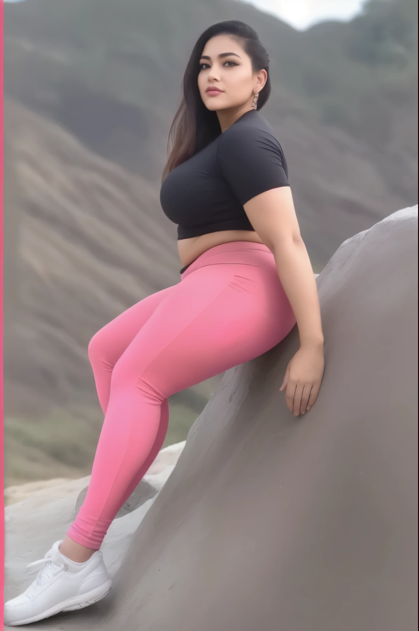 a woman in pink pants sitting on a rock with a mountain in the background, thicc, beautiful thick female, thick thigs, tight attire, thick body, skinny waist and thick hips, tight outfit, thick, the extremely hot and sexy, big booty, jaw dropping beauty, jaw-dropping beauty, violet myers