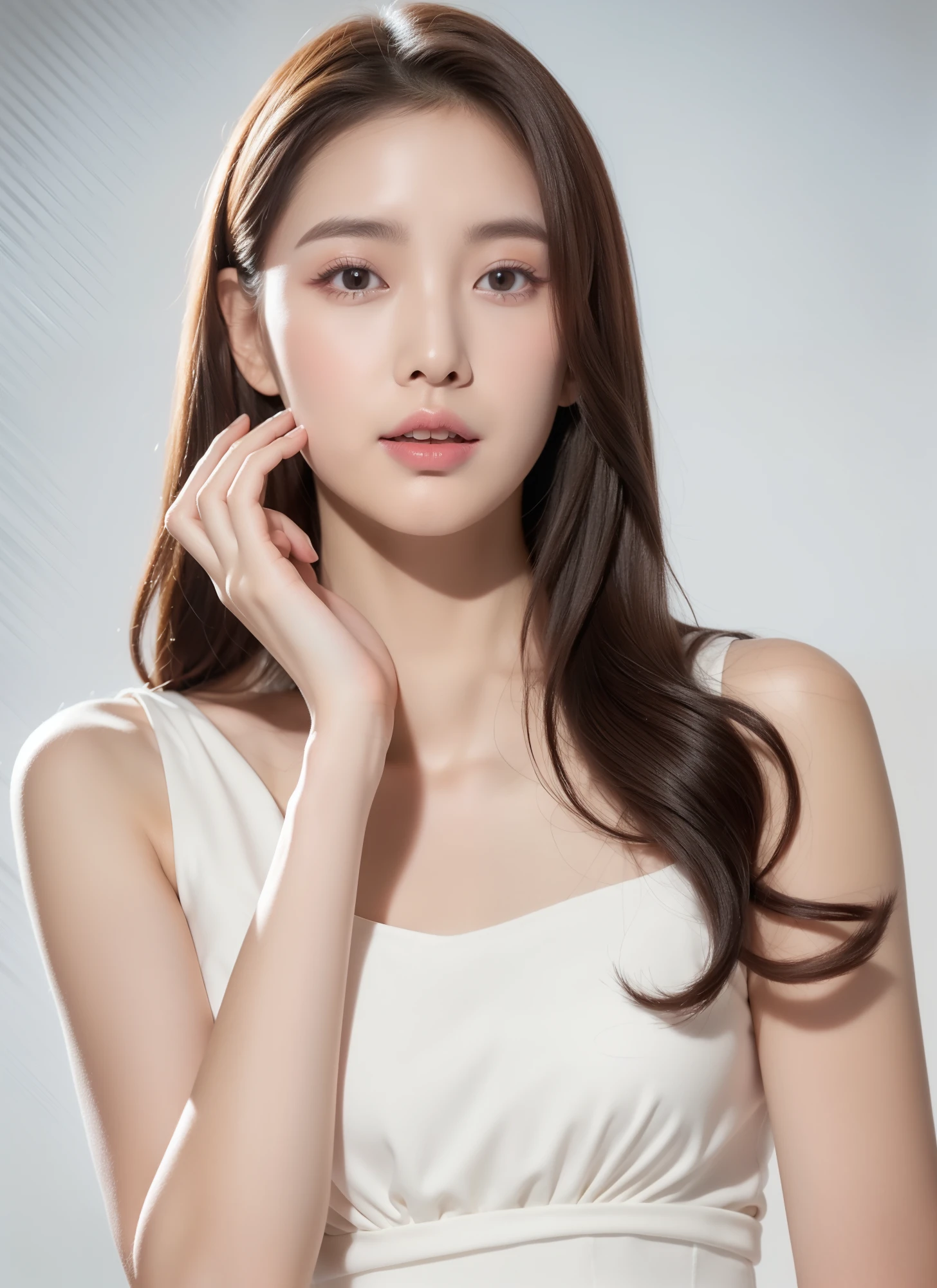 Realistic photo of 1 cute Korean star, Medium hair, Meticulous hair, White skin, thin makeup,,wearing white outfit, Close-up portrait, hyper HD，frontage，Forehead exposed，Full forehead，Don't obscure the character，Model the face，with light glowing，Face the camera head-on，，Youth and beauty，Do not cover your body，The upper part of the body，pale robe，White dress，pink background,