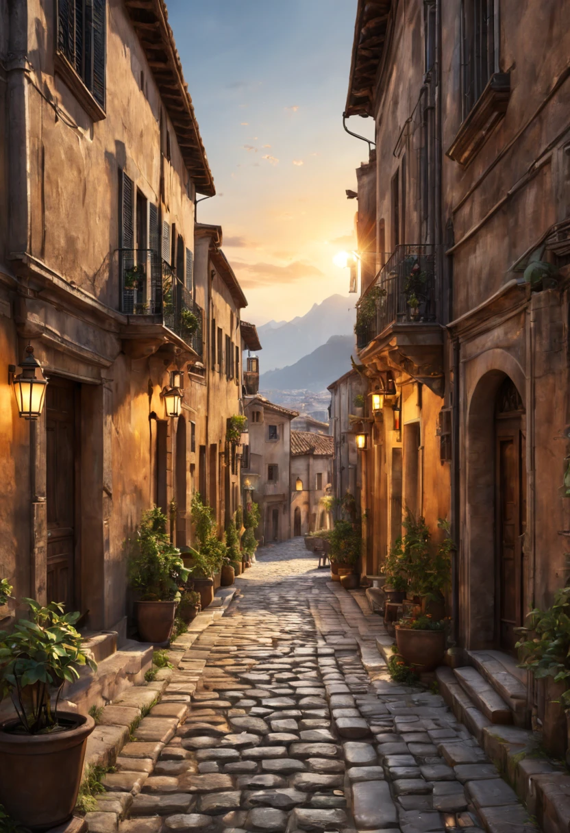 (best quality,4k,8k,highres,masterpiece:1.2),ultra-detailed,(realistic,photorealistic,photo-realistic:1.37),sun-drenched ancient city,historical architecture,sunken glowing sun,ancient ruins,spectacular sky,sunset colors over the city,historical landmarks,majestic columns,breathtaking view,beautifully faded walls,charming narrow streets,peaceful atmosphere,vibrant colors,harmonious blending of old and new,romantic evening stroll,unforgettable skyline,luminous golden light,serene rooftops,weathered doors and windows,cobblestone pathways,flag-strewn facades,soft shadows,distant silhouette of mountains, tranquil river flowing nearby